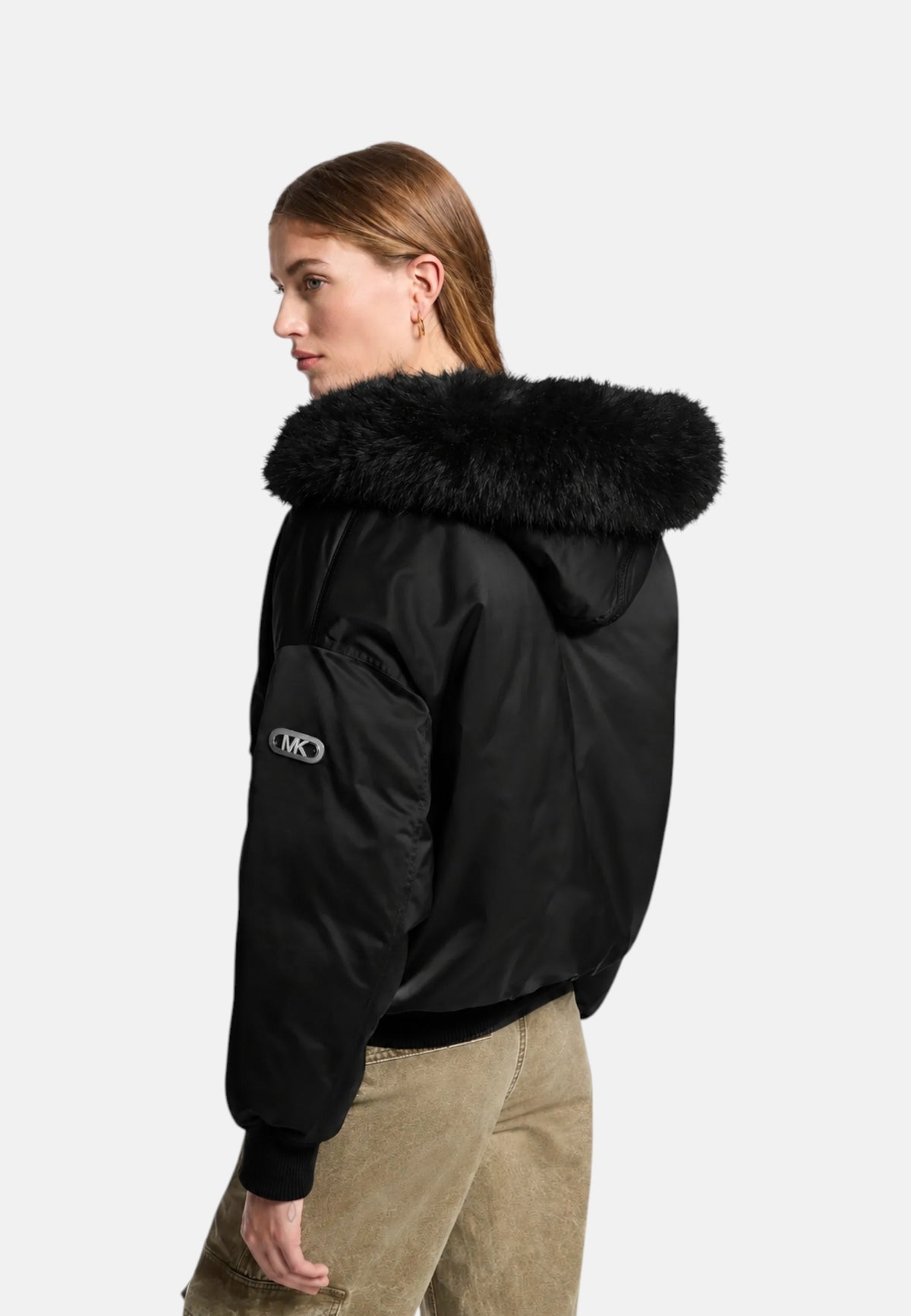 Bomber in raso ciré con cappuccio e bordo in pelliccia sintetica Michael Kors Black
