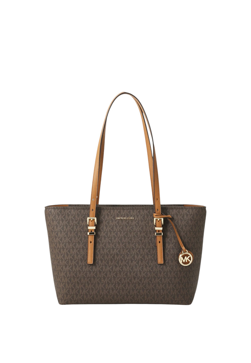 Borsa tote Quinn media in pelle e stampa logo Brown/acorn