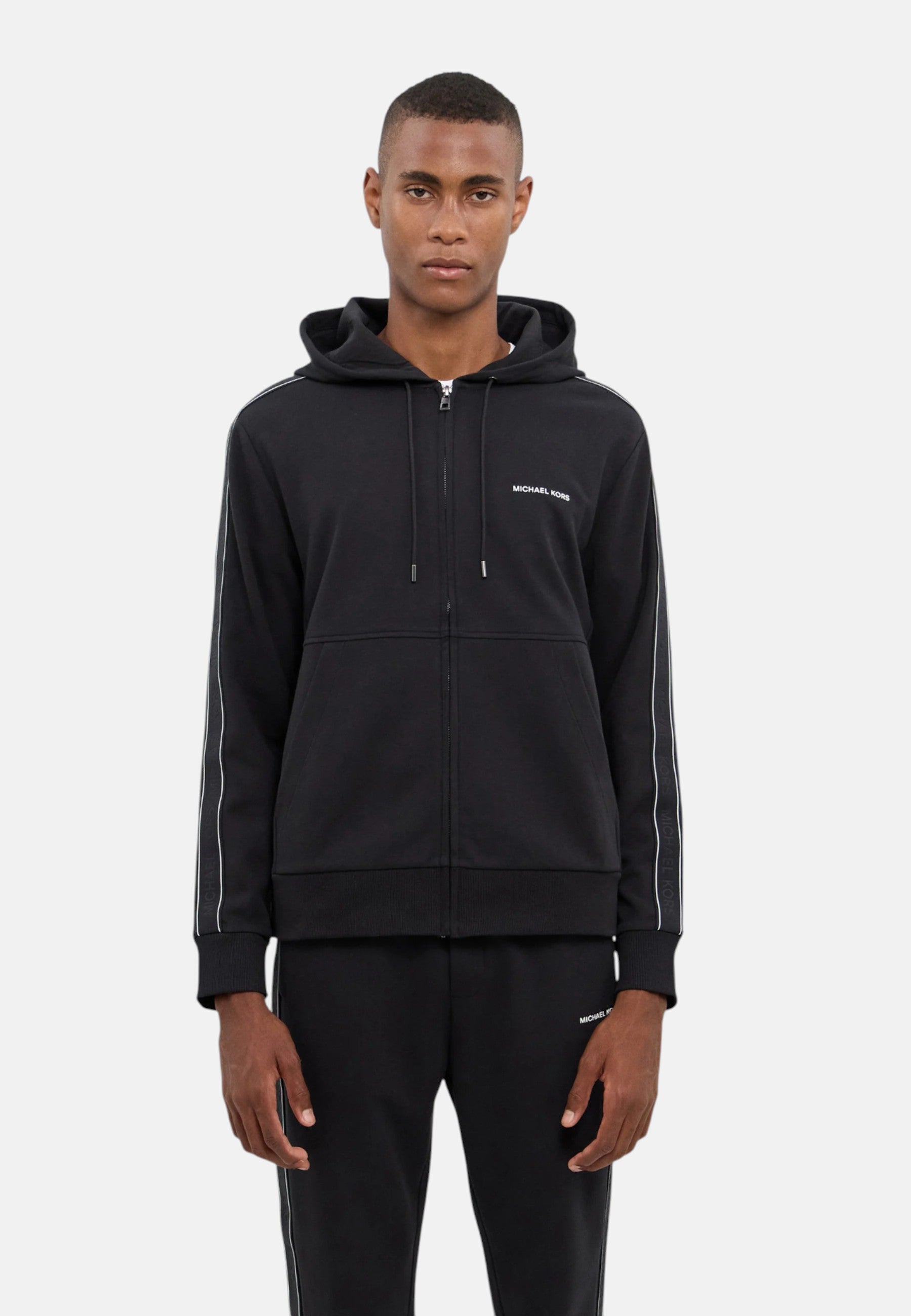 Felpa da Uomo in misto cotone con fettuccia logo, cappuccio e zip Michael Kors Black