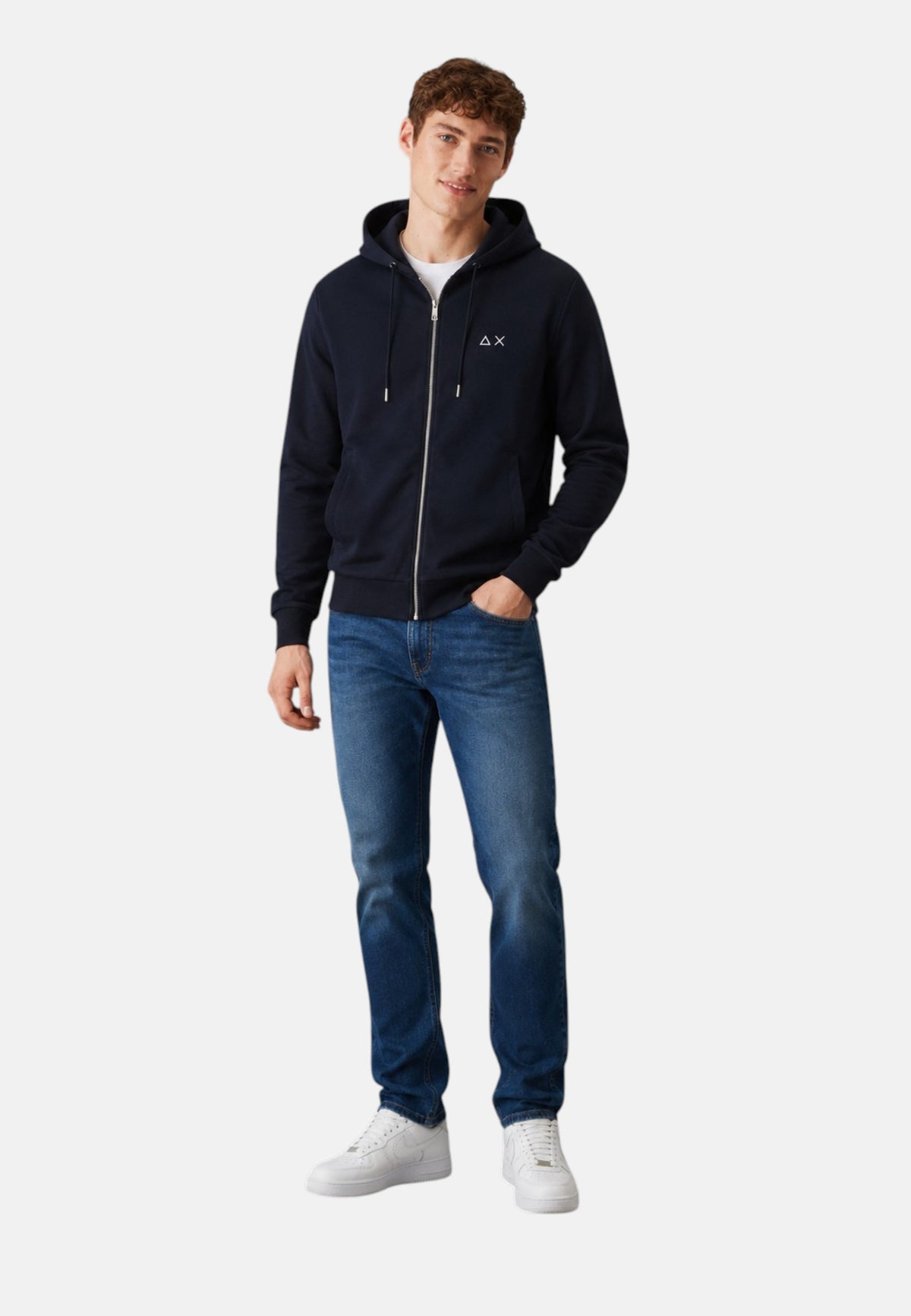 Felpa in cotone con cappuccio e zip da uomo con logo Frontale Navy Blue
