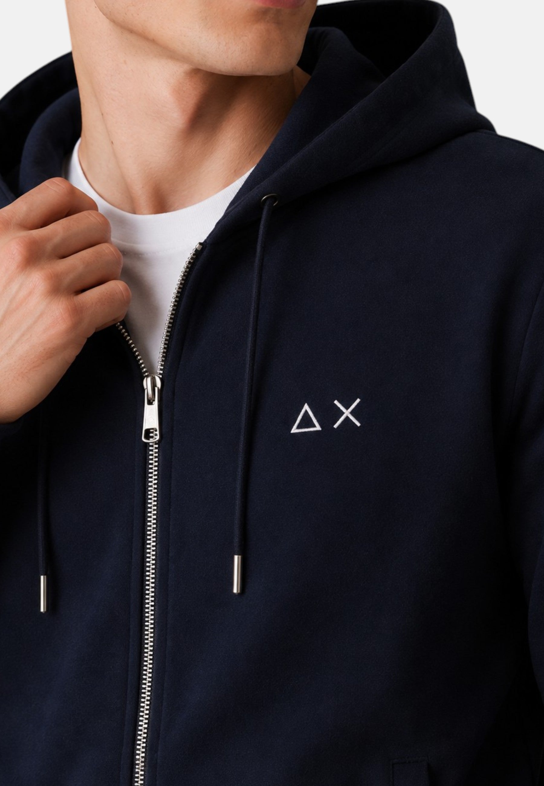 Felpa in cotone con cappuccio e zip da uomo con logo Frontale Navy Blue