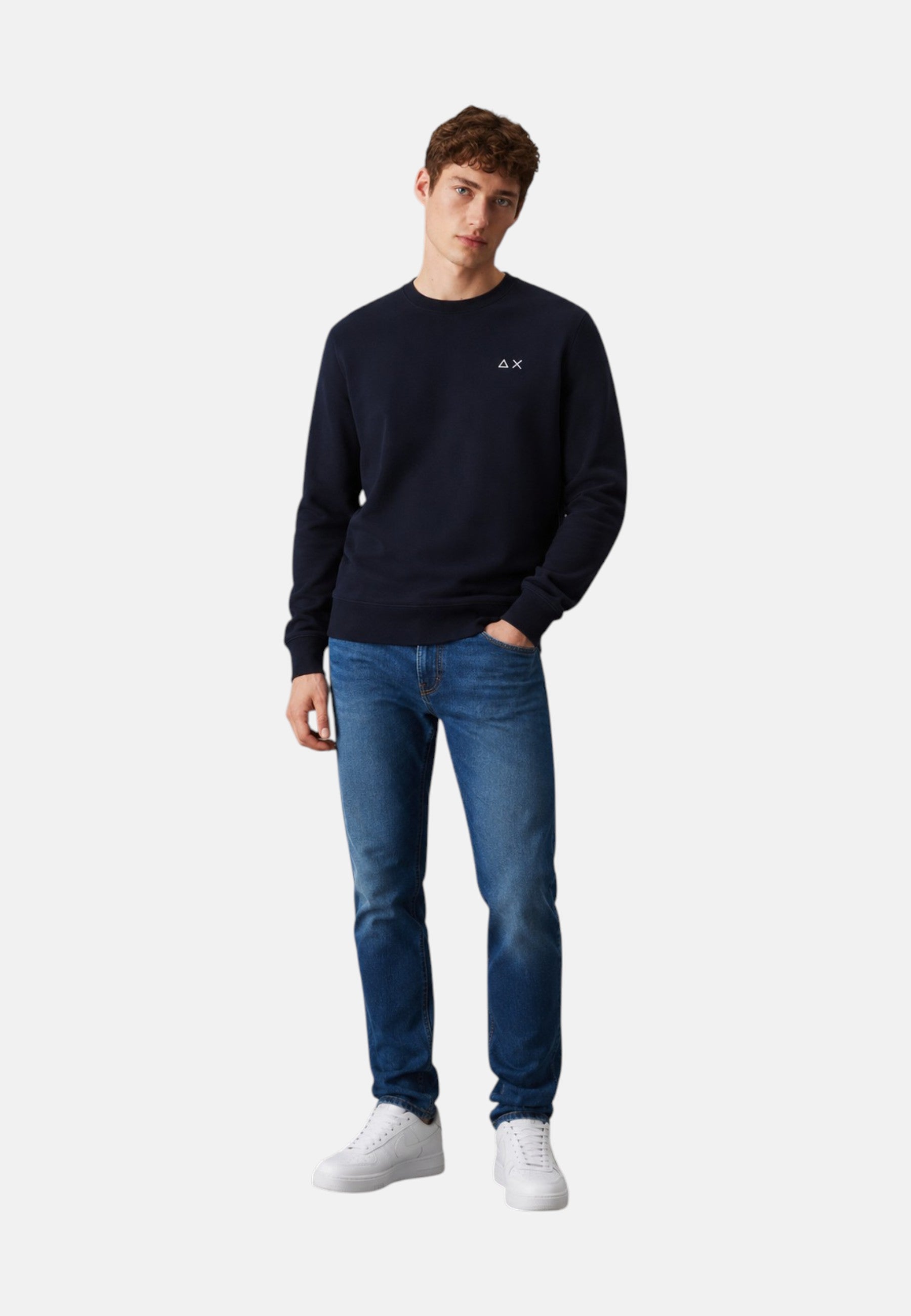 Felpa girocollo in cotone da uomo con logo Frontale Navy Blue