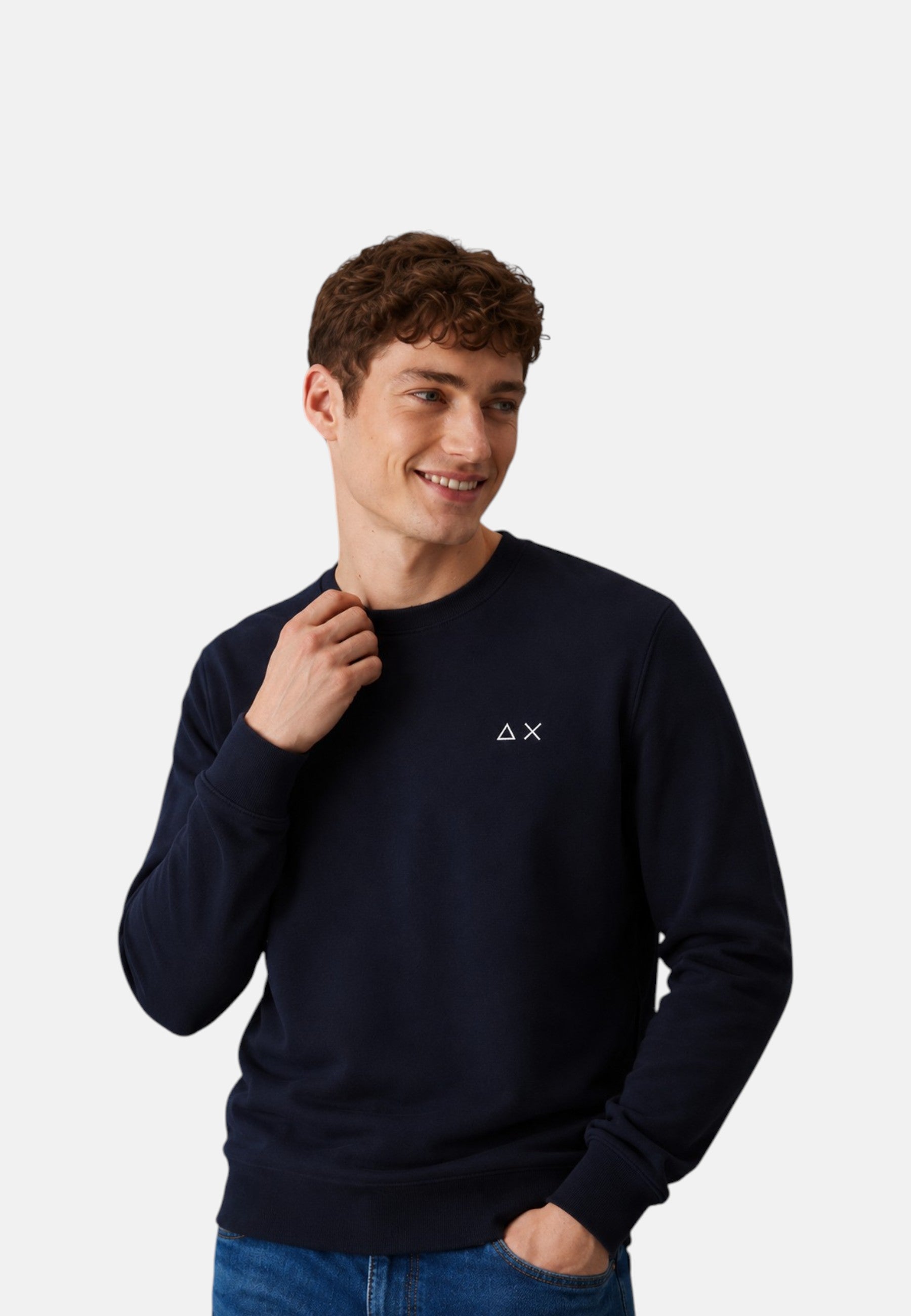 Felpa girocollo in cotone da uomo con logo Frontale Navy Blue