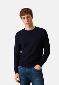 Maglione girocollo da uomo in cotone con logo Frontale Navy Blue