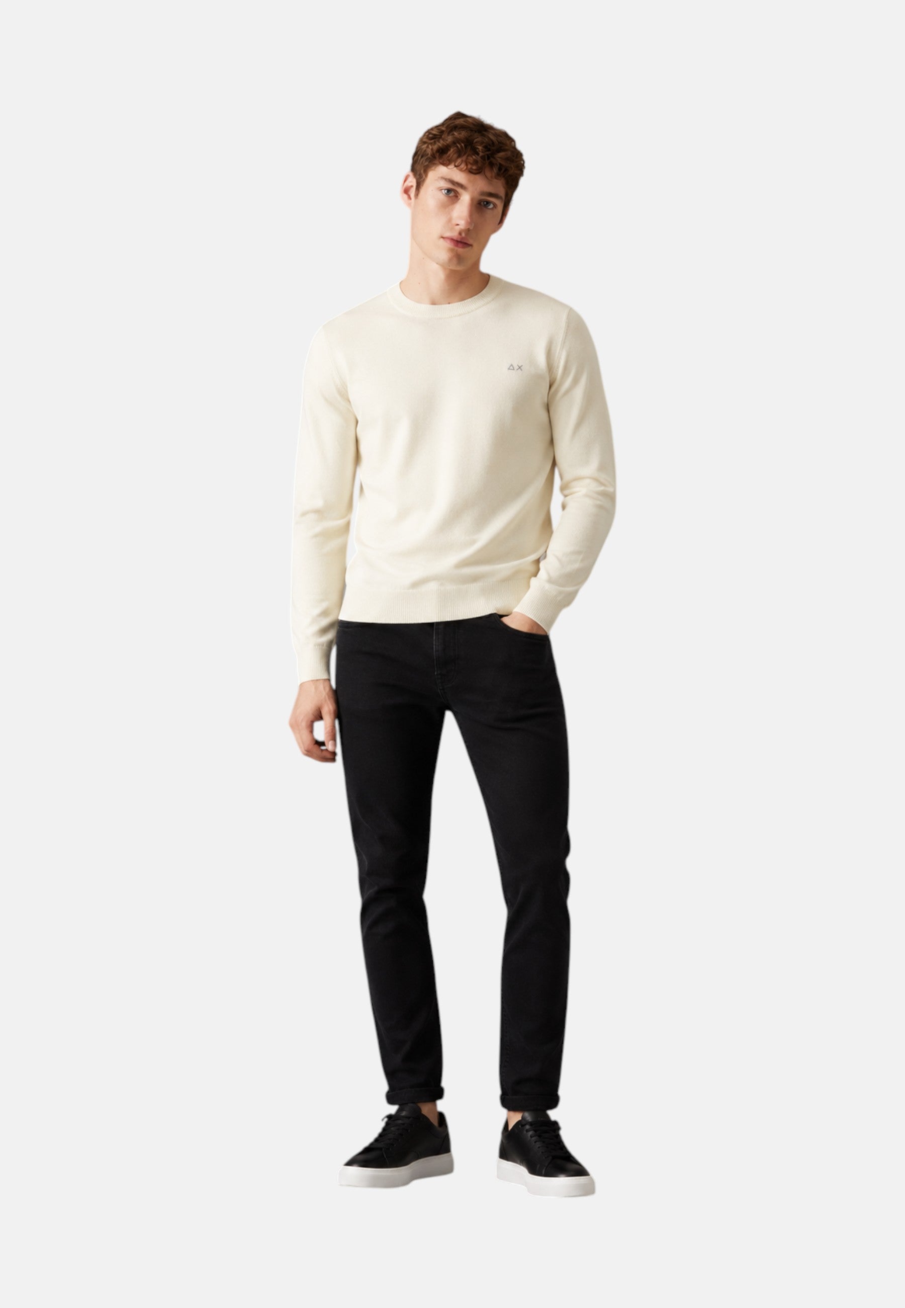 Maglione girocollo da uomo in cotone con logo Frontale Bianco Panna