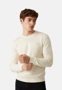 Maglione girocollo da uomo in cotone con logo Frontale Bianco Panna