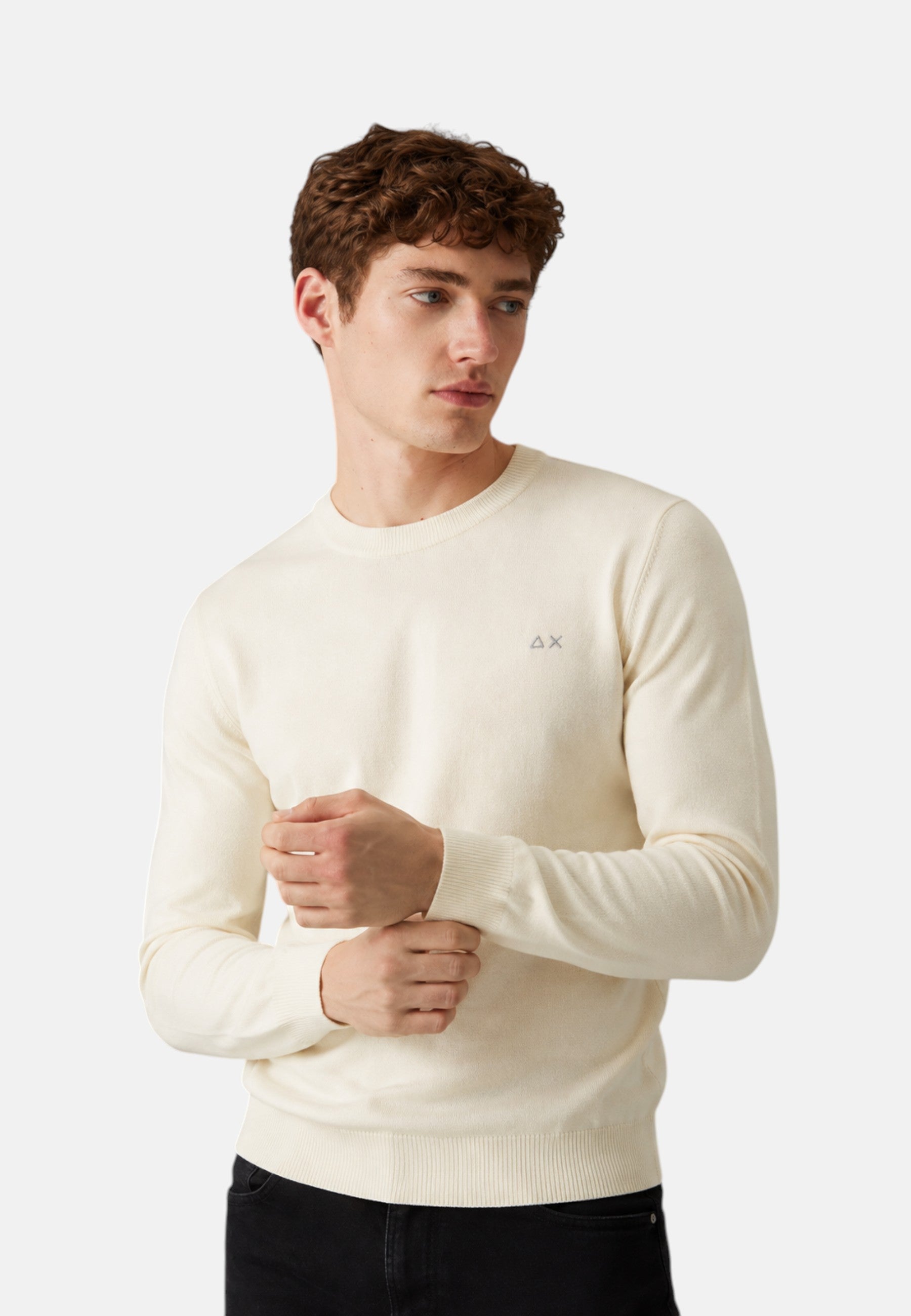 Maglione girocollo da uomo in cotone con logo Frontale Bianco Panna