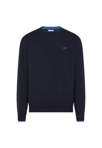 Maglione girocollo da uomo in cotone e Lana con logo Frontale Sun68 Navy Blue