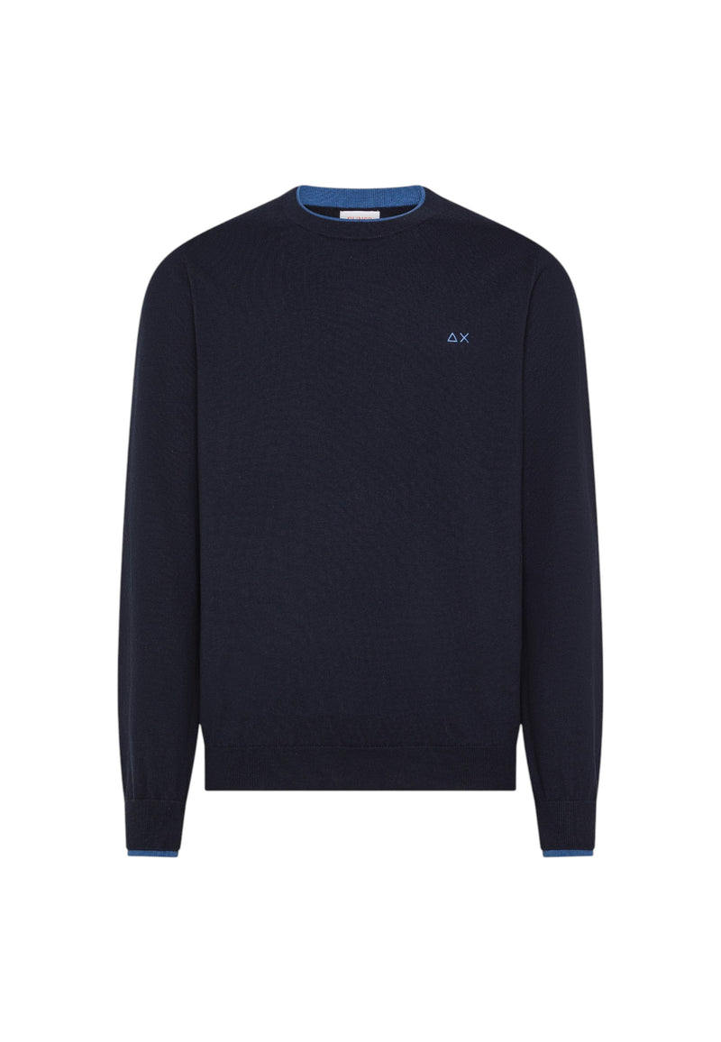 Maglione girocollo da uomo in cotone e Lana con logo Frontale Sun68 Navy Blue