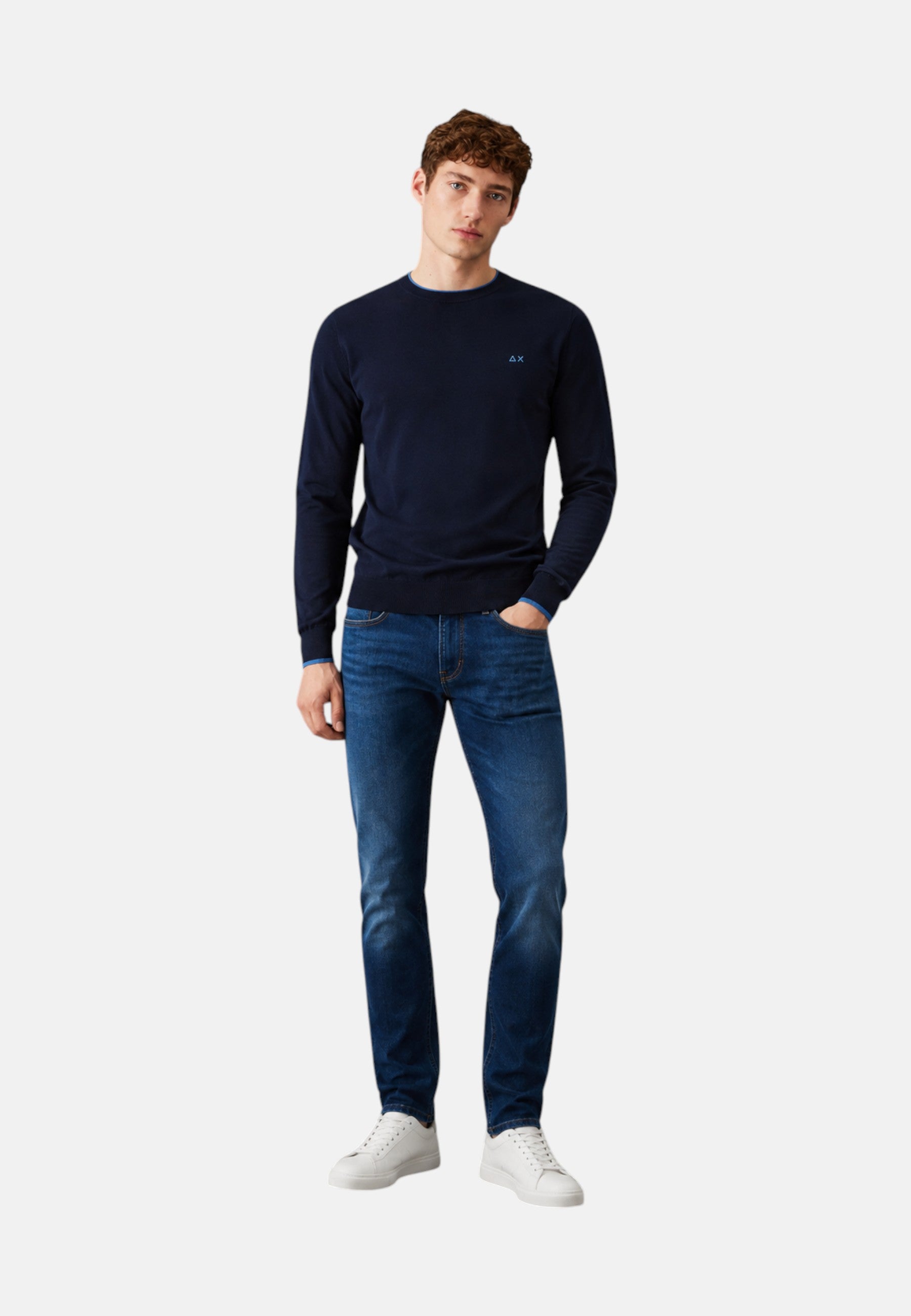 Maglione girocollo da uomo in cotone e Lana con logo Frontale Sun68 Navy Blue