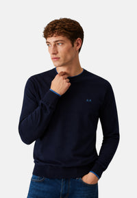 Maglione girocollo da uomo in cotone e Lana con logo Frontale Sun68 Navy Blue