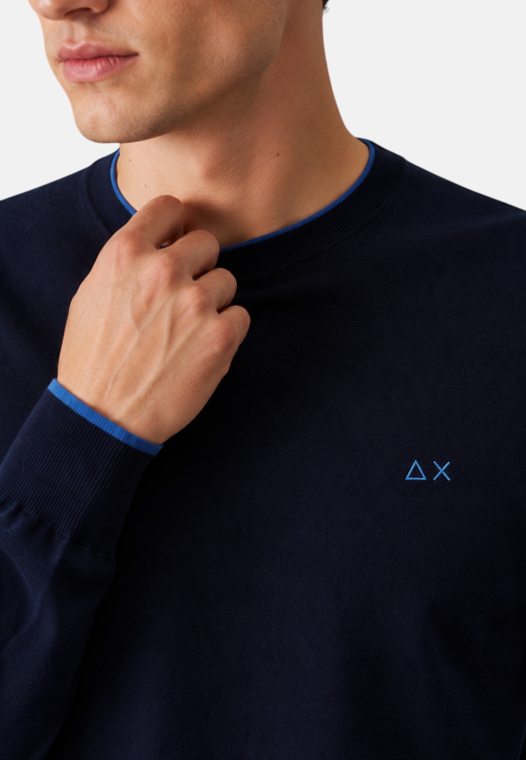 Maglione girocollo da uomo in cotone e Lana con logo Frontale Sun68 Navy Blue