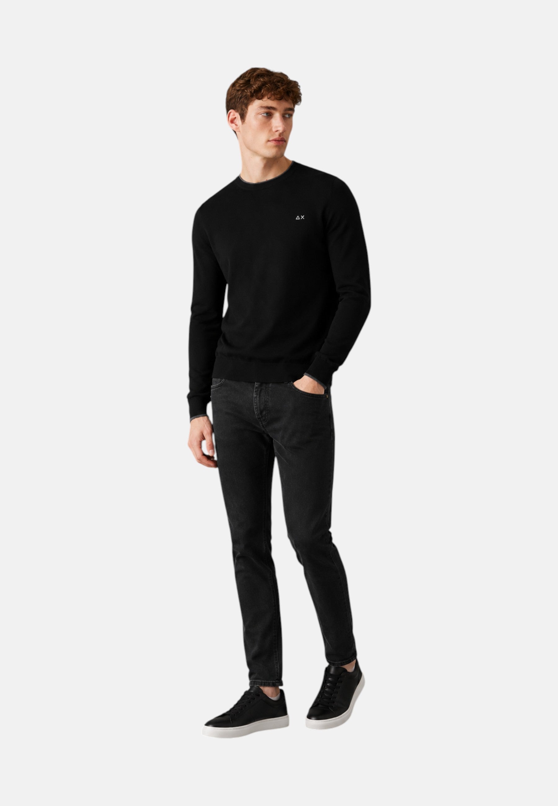 Maglione girocollo da uomo in cotone e Lana con logo Frontale Sun68 Nero