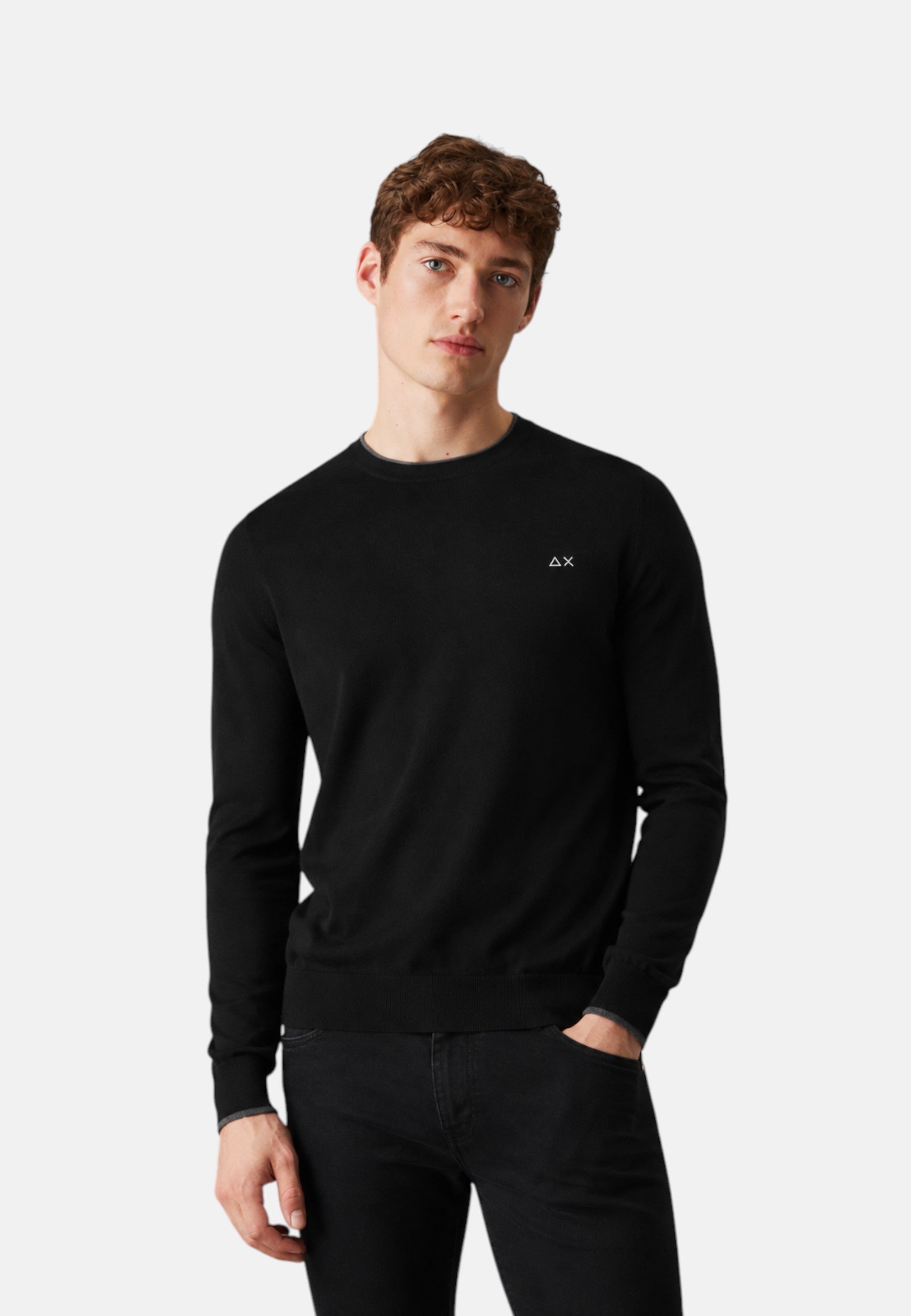 Maglione girocollo da uomo in cotone e Lana con logo Frontale Sun68 Nero