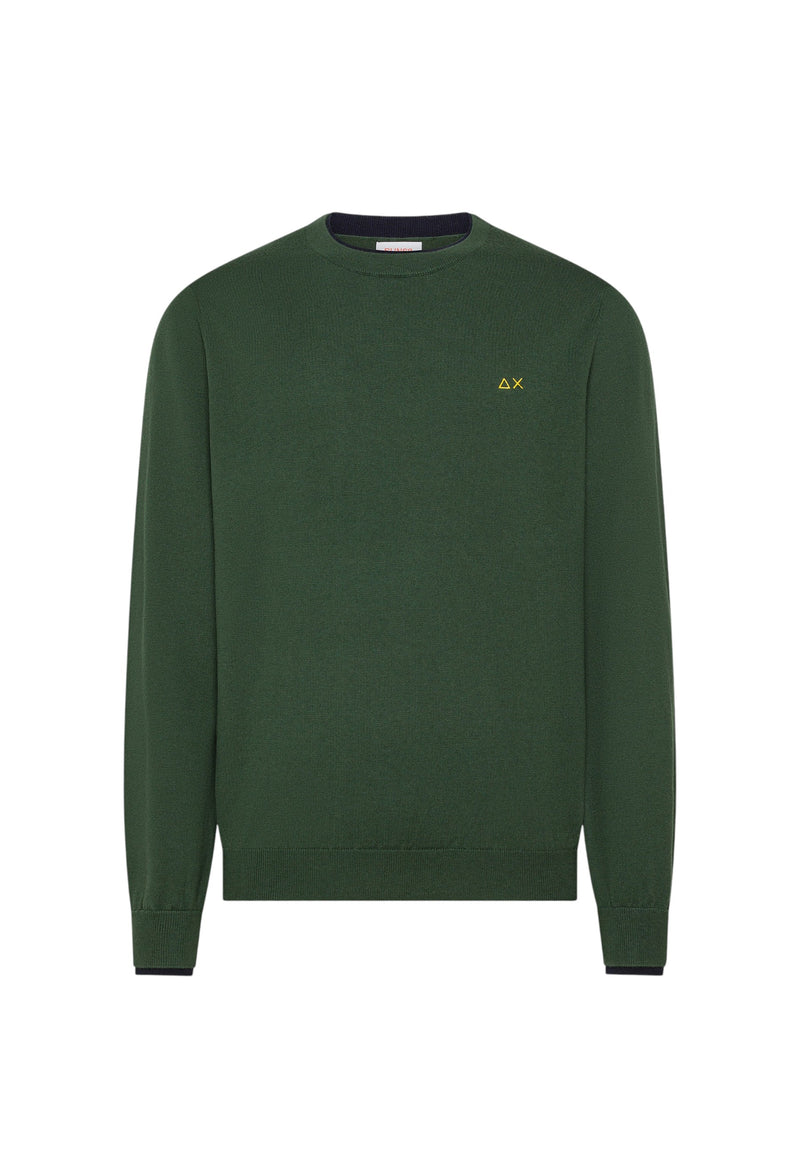 Maglione girocollo da uomo in cotone e Lana con logo Frontale Sun68 Verde Scuro