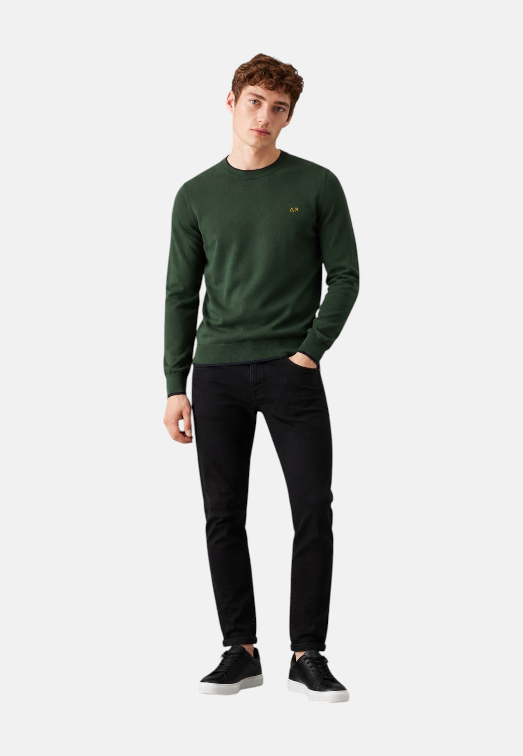 Maglione girocollo da uomo in cotone e Lana con logo Frontale Sun68 Verde Scuro