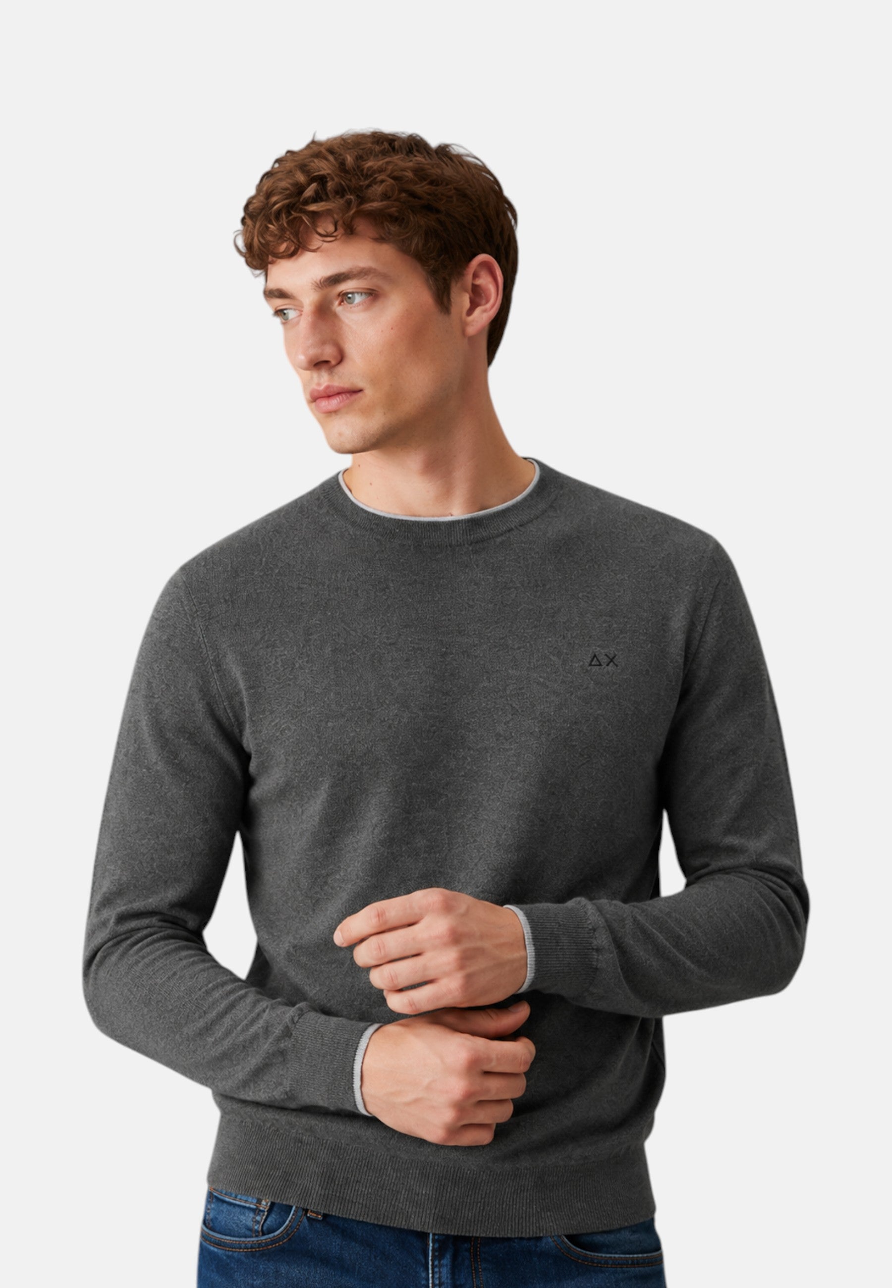 Maglione girocollo da uomo in cotone e Lana con logo Frontale Sun68 Grigio Scuro