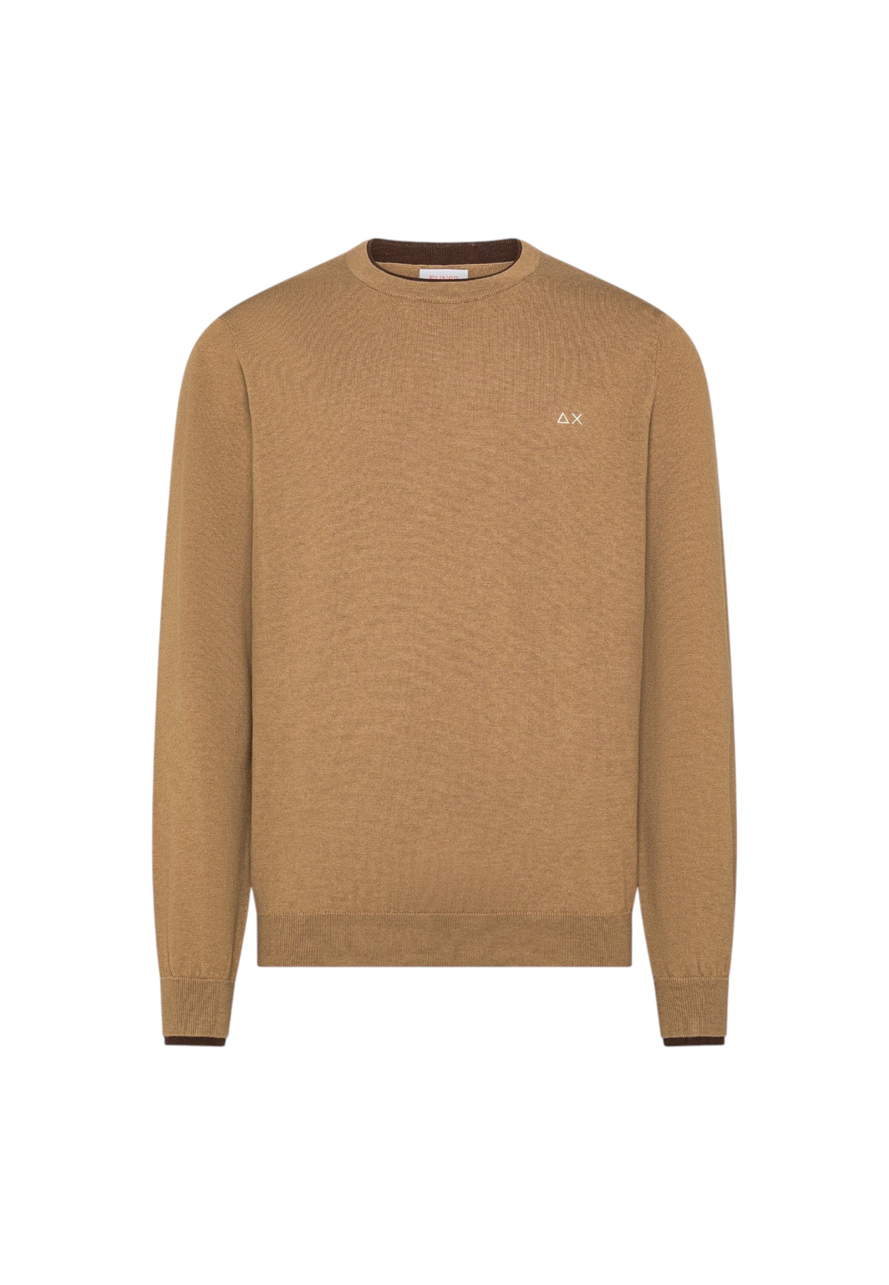 Maglione girocollo da uomo in cotone e Lana con logo Frontale Sun68 Cammello