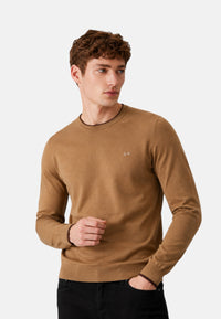 Maglione girocollo da uomo in cotone e Lana con logo Frontale Sun68 Cammello