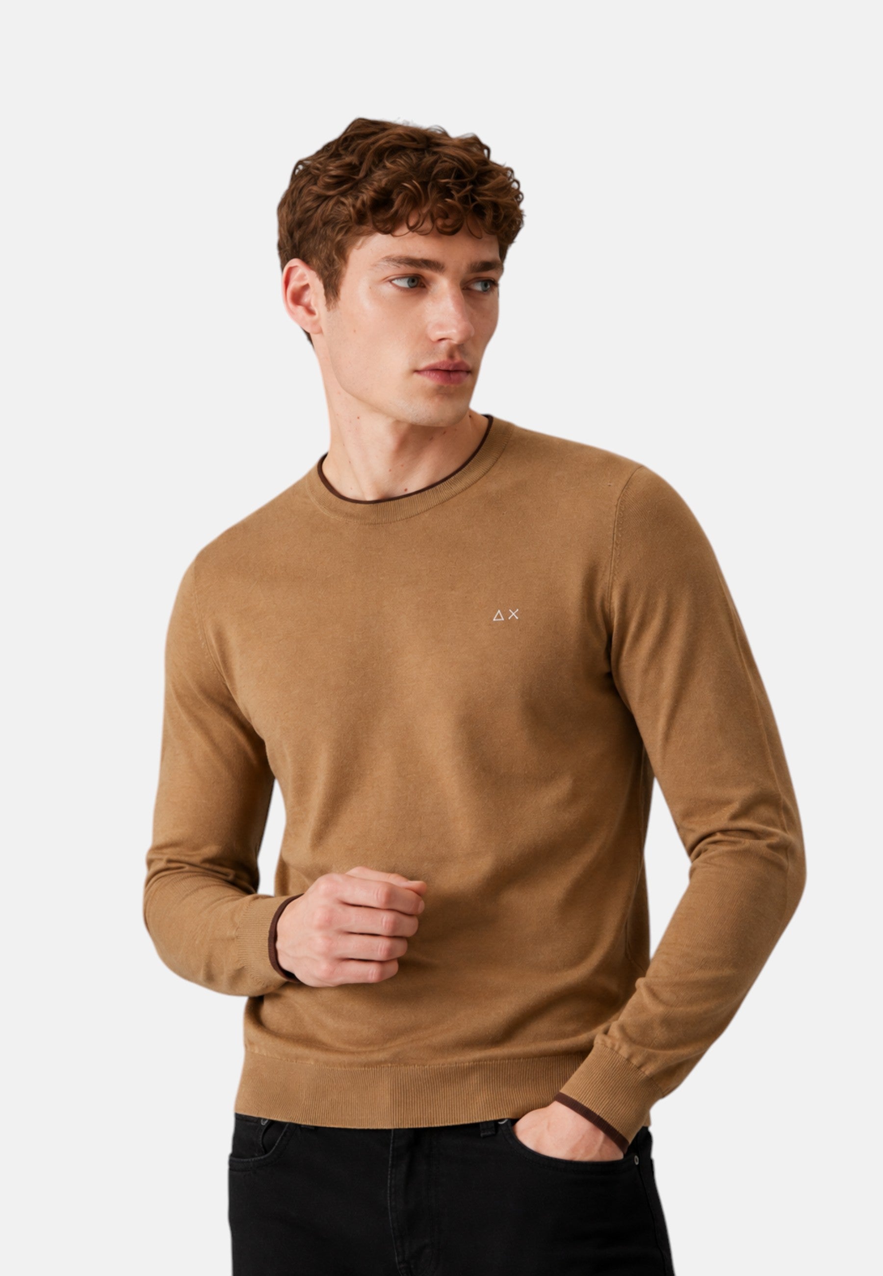 Maglione girocollo da uomo in cotone e Lana con logo Frontale Sun68 Cammello