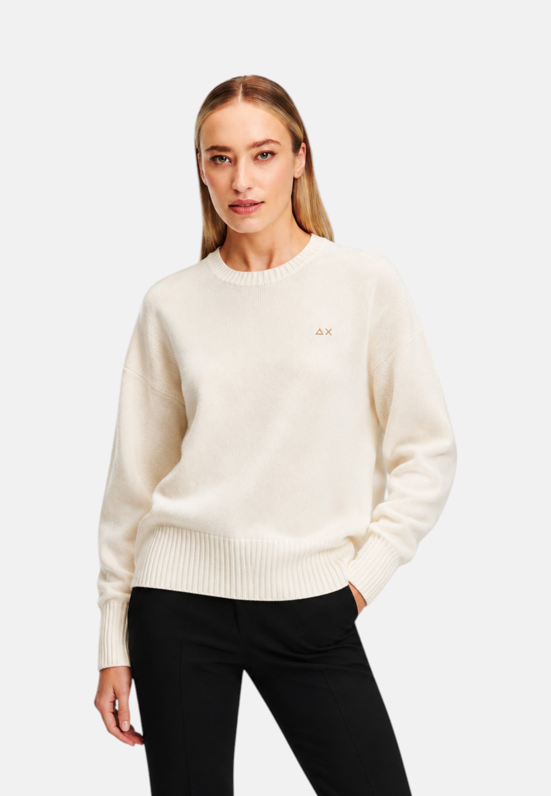 Maglione da Donna girocollo in lana e cashmere Sun68 Bianco Panna