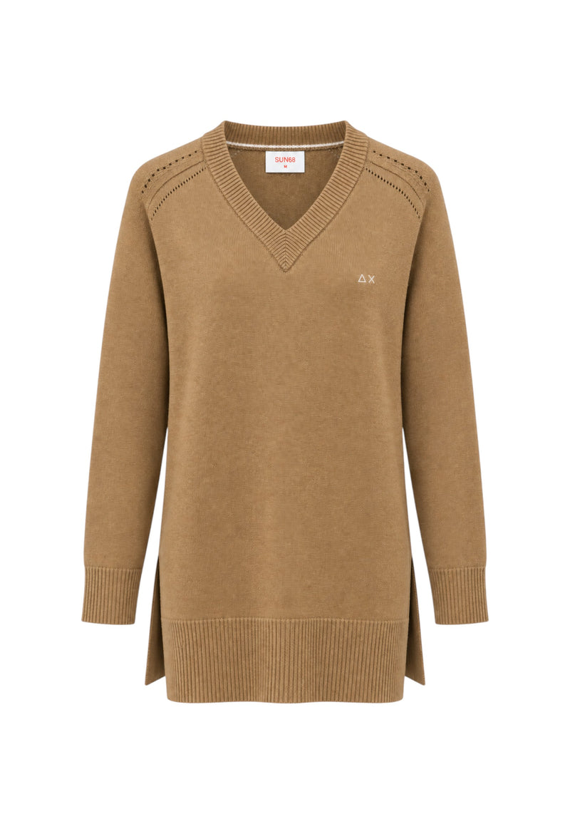 Maglione da Donna in lana e alpaca a coste Sun68 Cammello