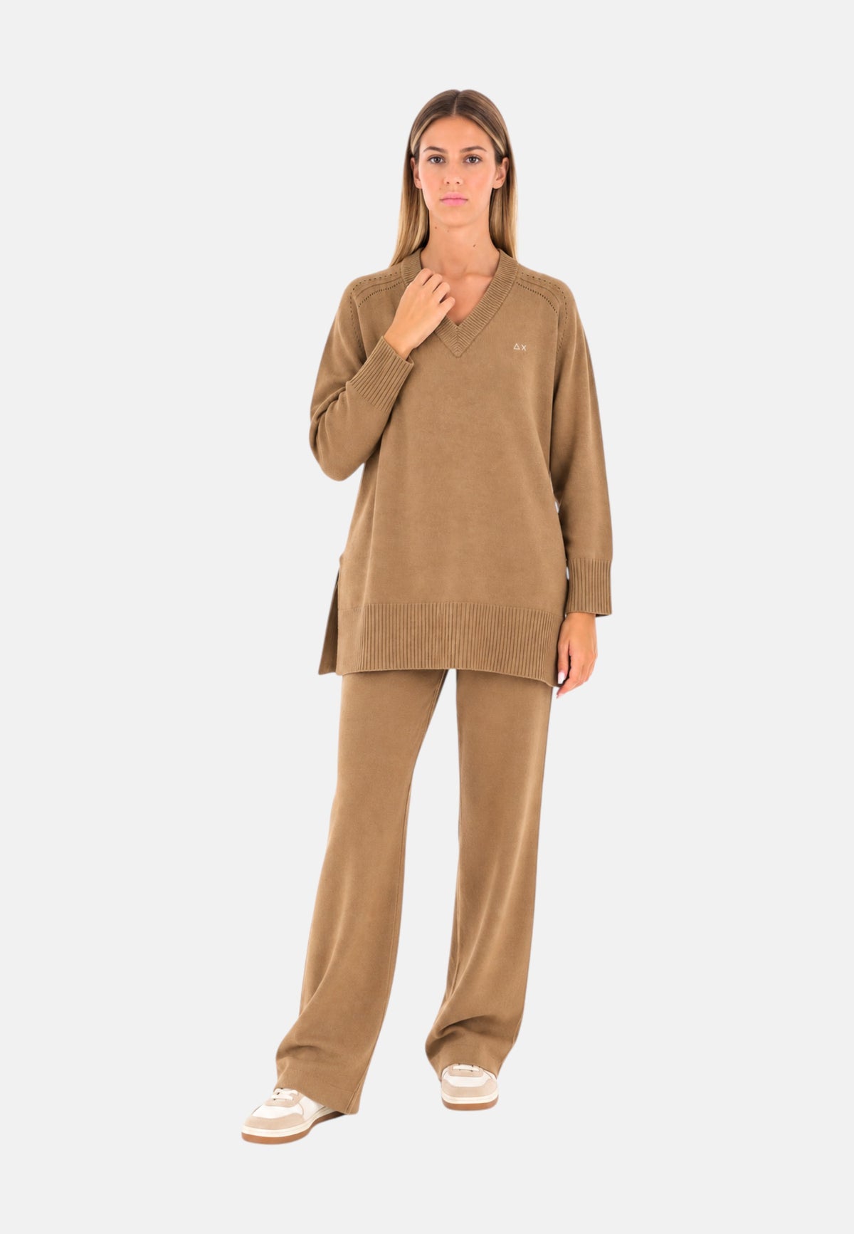 Maglione da Donna in lana e alpaca a coste Sun68 Cammello