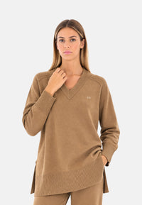 Maglione da Donna in lana e alpaca a coste Sun68 Cammello