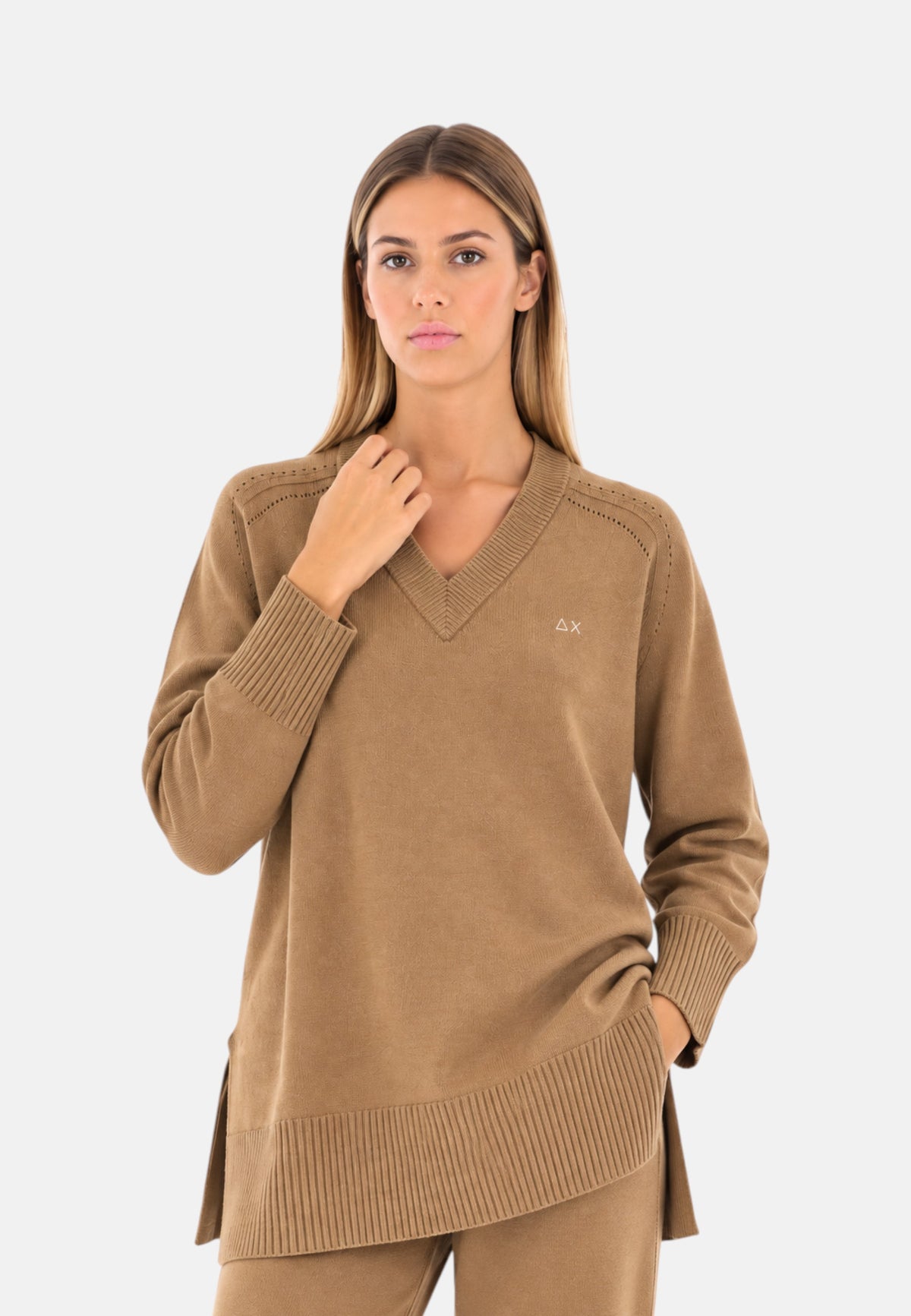 Maglione da Donna in lana e alpaca a coste Sun68 Cammello