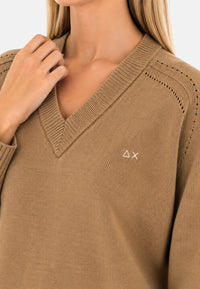 Maglione da Donna in lana e alpaca a coste Sun68 Cammello