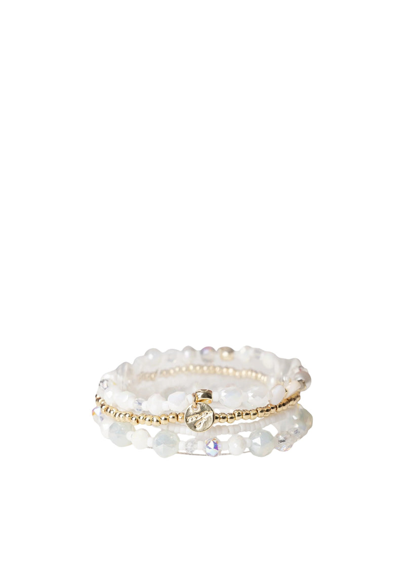 Bracciale elastico multi filo con pietre in vetro e conchiglie bianche Bianco