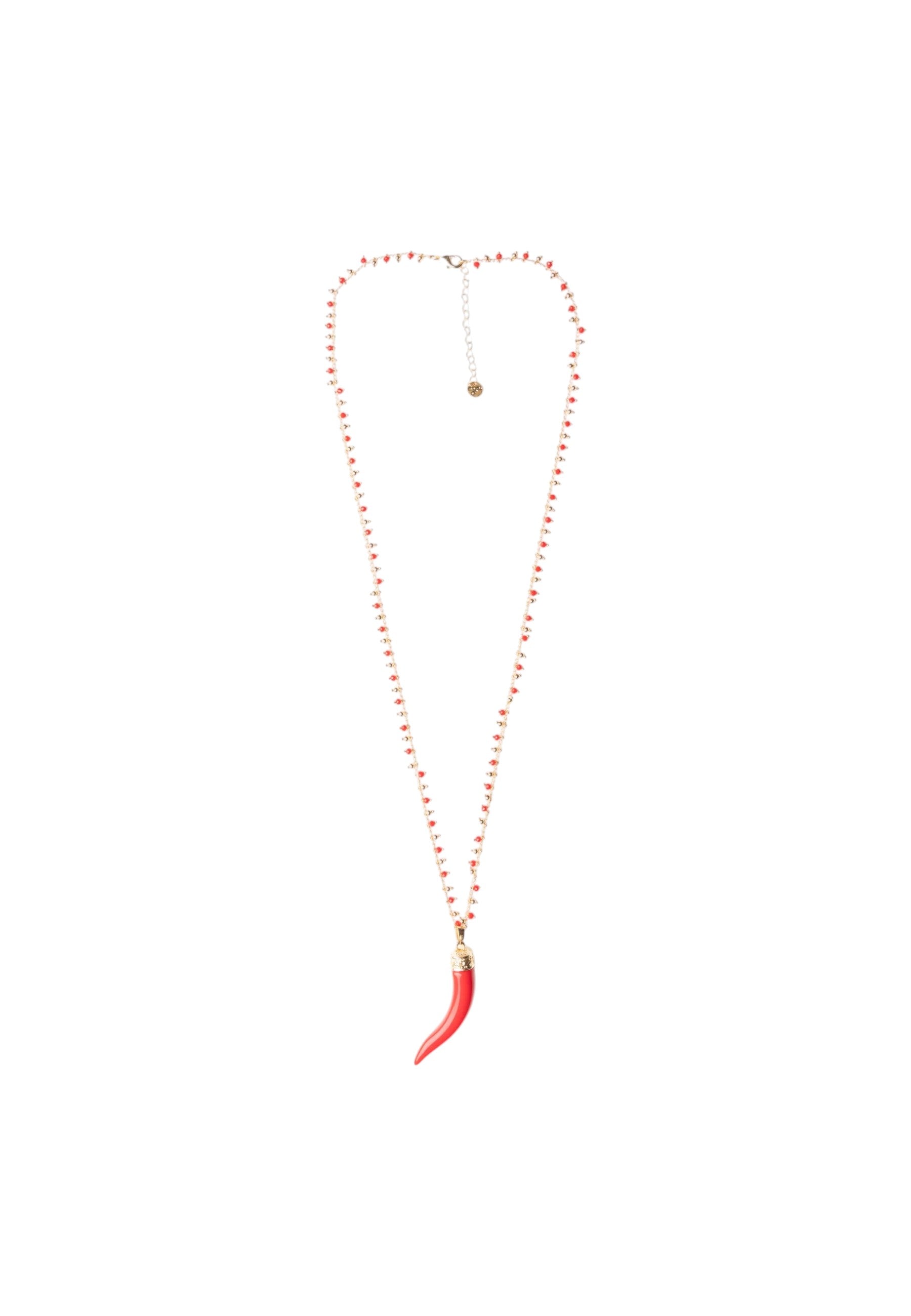 Collana lunga a catena con pendente corno in resina e vetro rosso Oro/rosso
