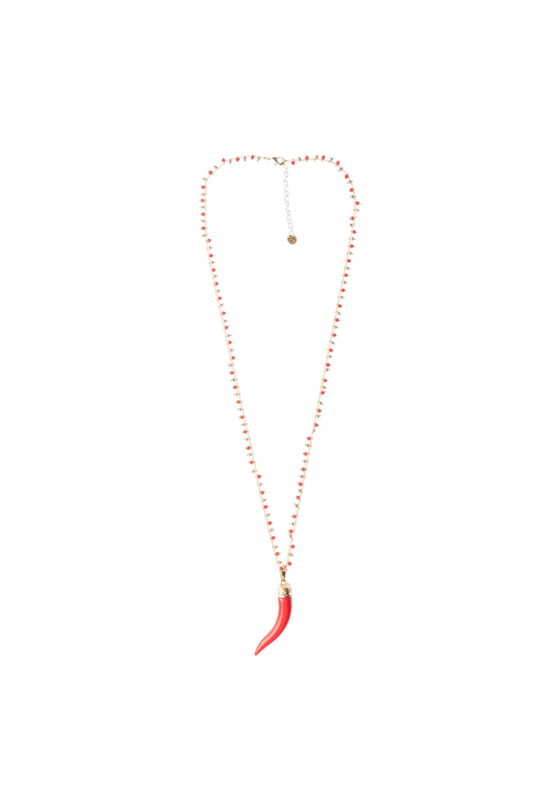 Collana lunga a catena con pendente corno in resina e vetro rosso Oro/rosso