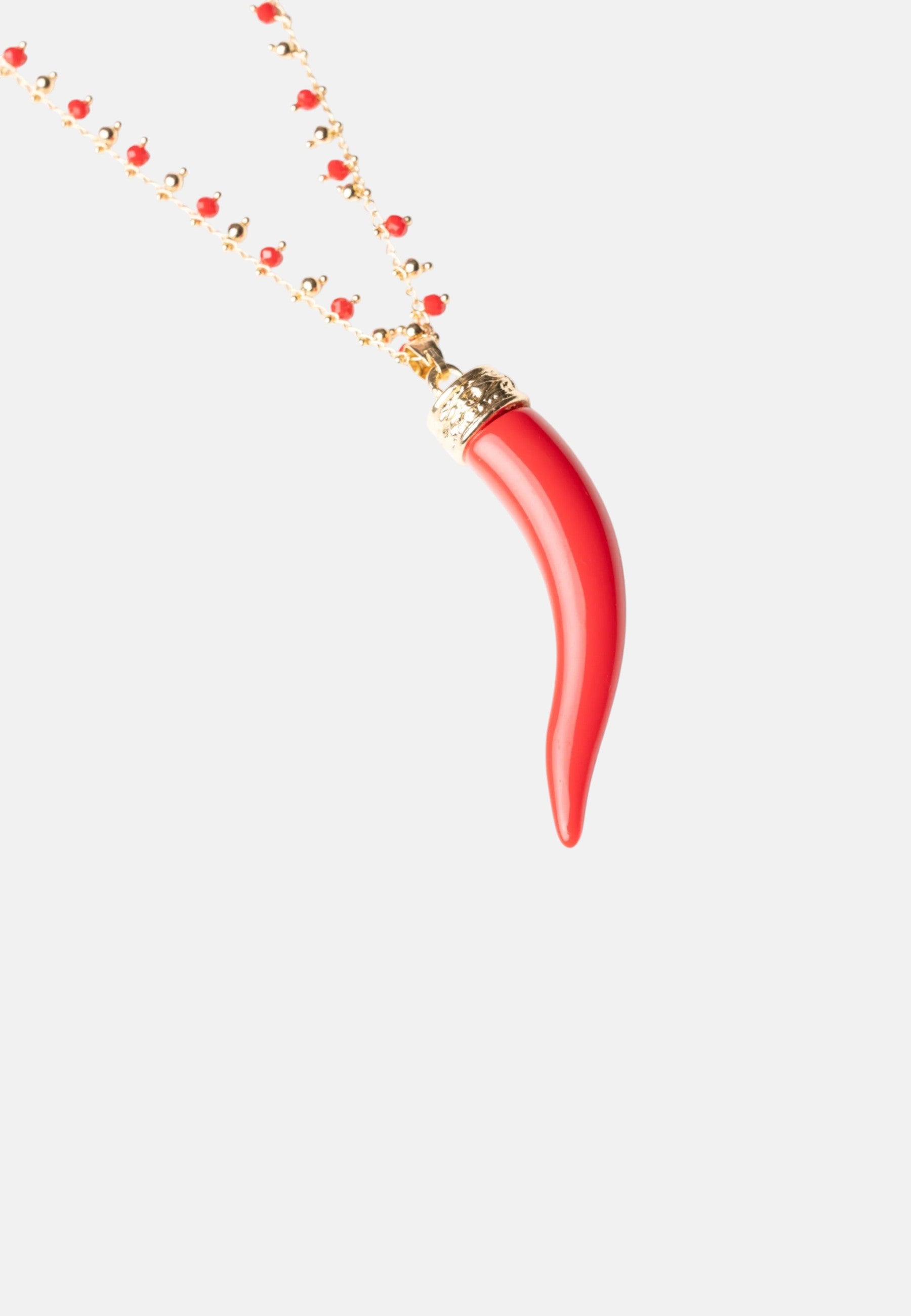 Collana lunga a catena con pendente corno in resina e vetro rosso Oro/rosso
