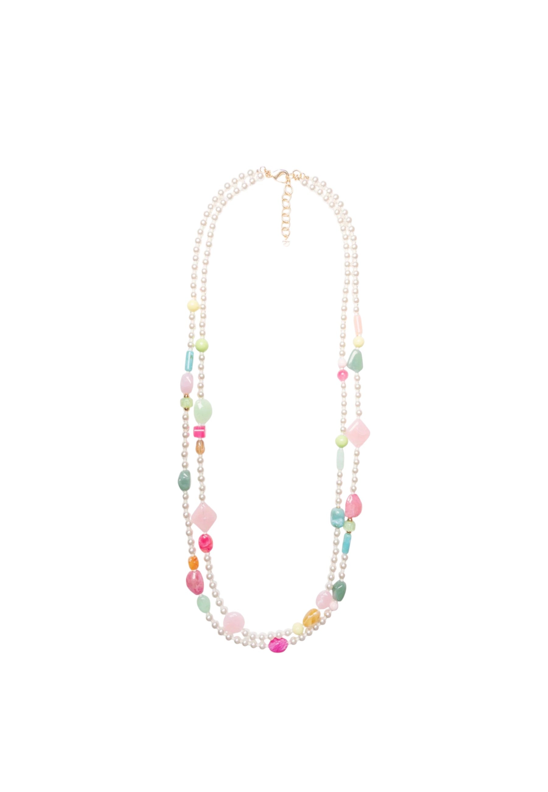 Collana lunga a due linee di perle in acrilico con inserti in vetro multicolore Multicolor