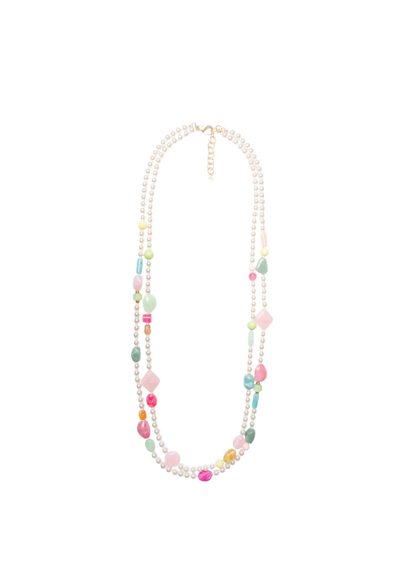 Collana lunga a due linee di perle in acrilico con inserti in vetro multicolore Multicolor