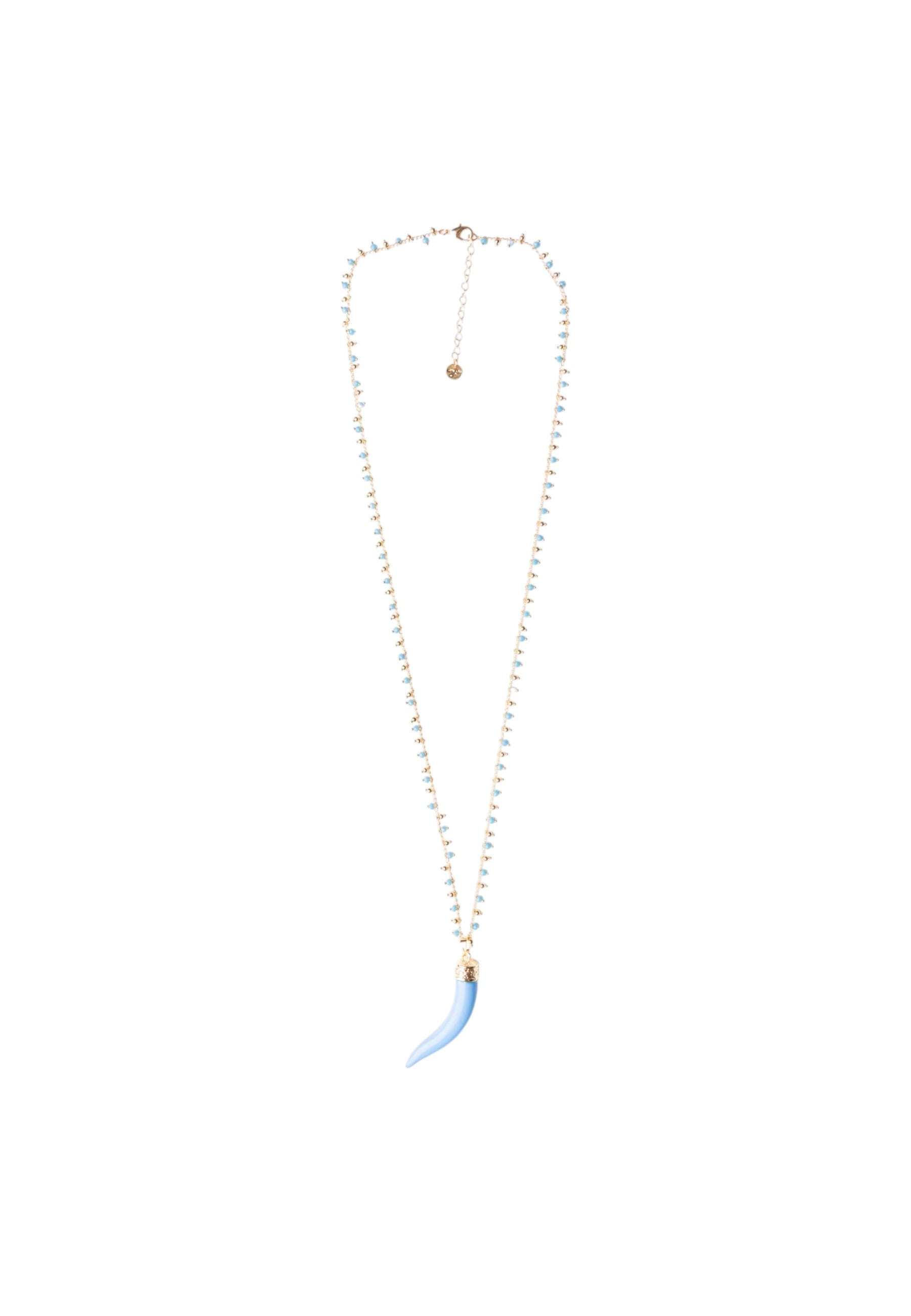 Collana lunga a catena con pendente corno in resina e vetro celeste Oro/blu