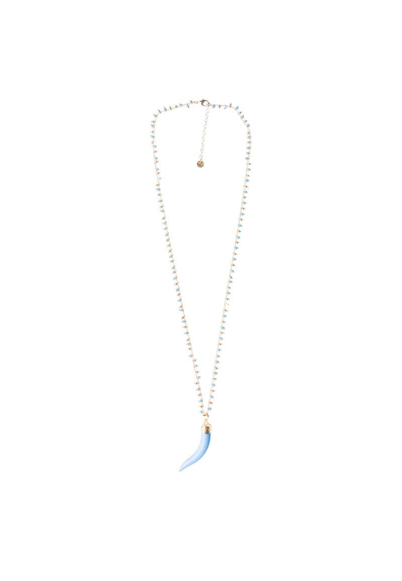 Collana lunga a catena con pendente corno in resina e vetro celeste Oro/blu
