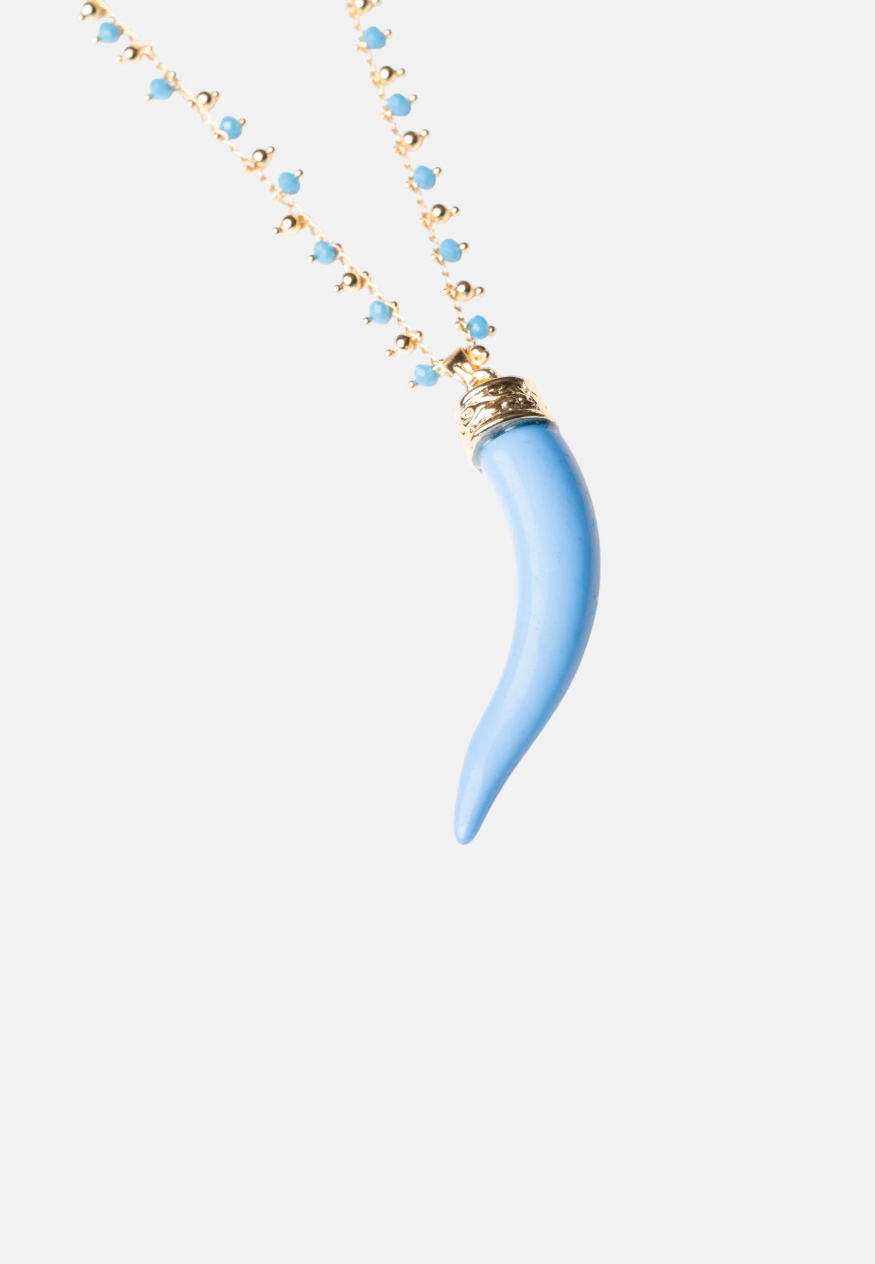 Collana lunga a catena con pendente corno in resina e vetro celeste Oro/blu