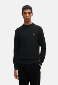 Maglione Boss  in cotone piqué con patch con logo. Black