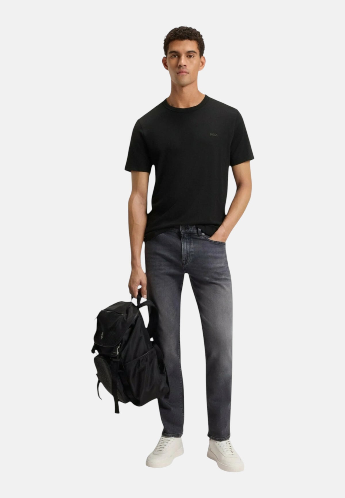 T-shirt in cotone intrecciato con logo ricamato Boss Black