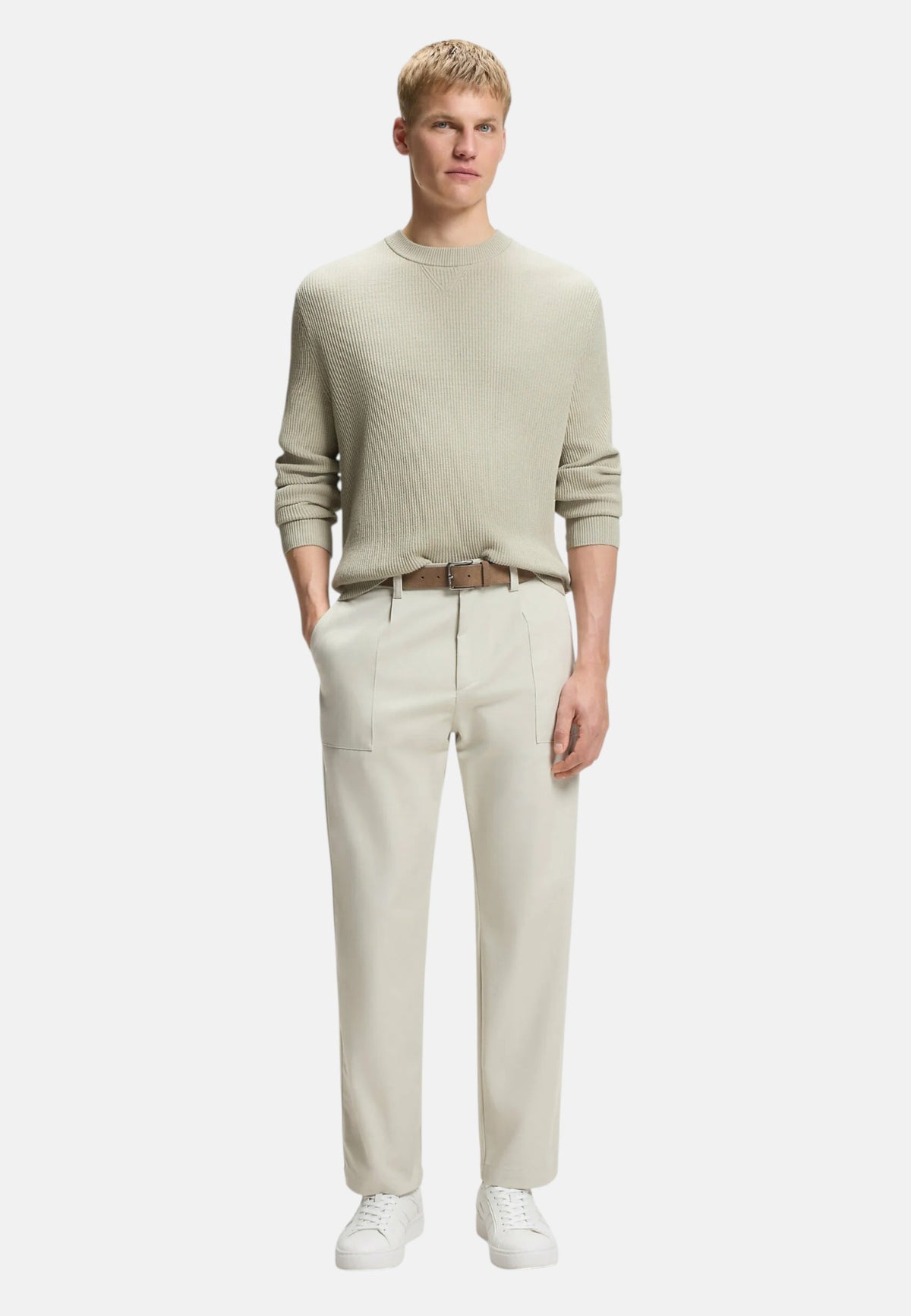 Boss Maglione da Uomo in misto cotone con lavorazione a coste Light Beige