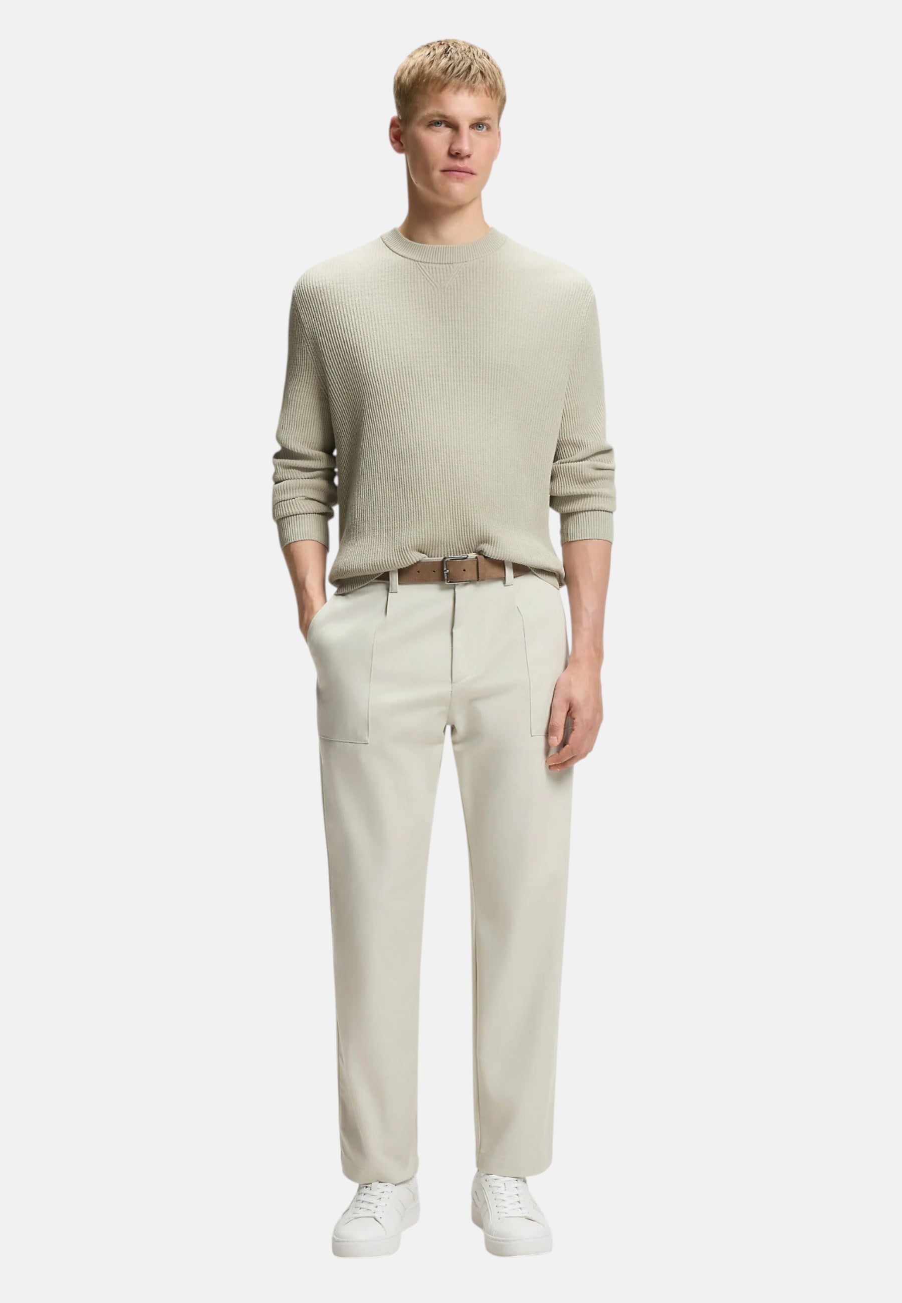 Boss Maglione da Uomo in misto cotone con lavorazione a coste Light Beige
