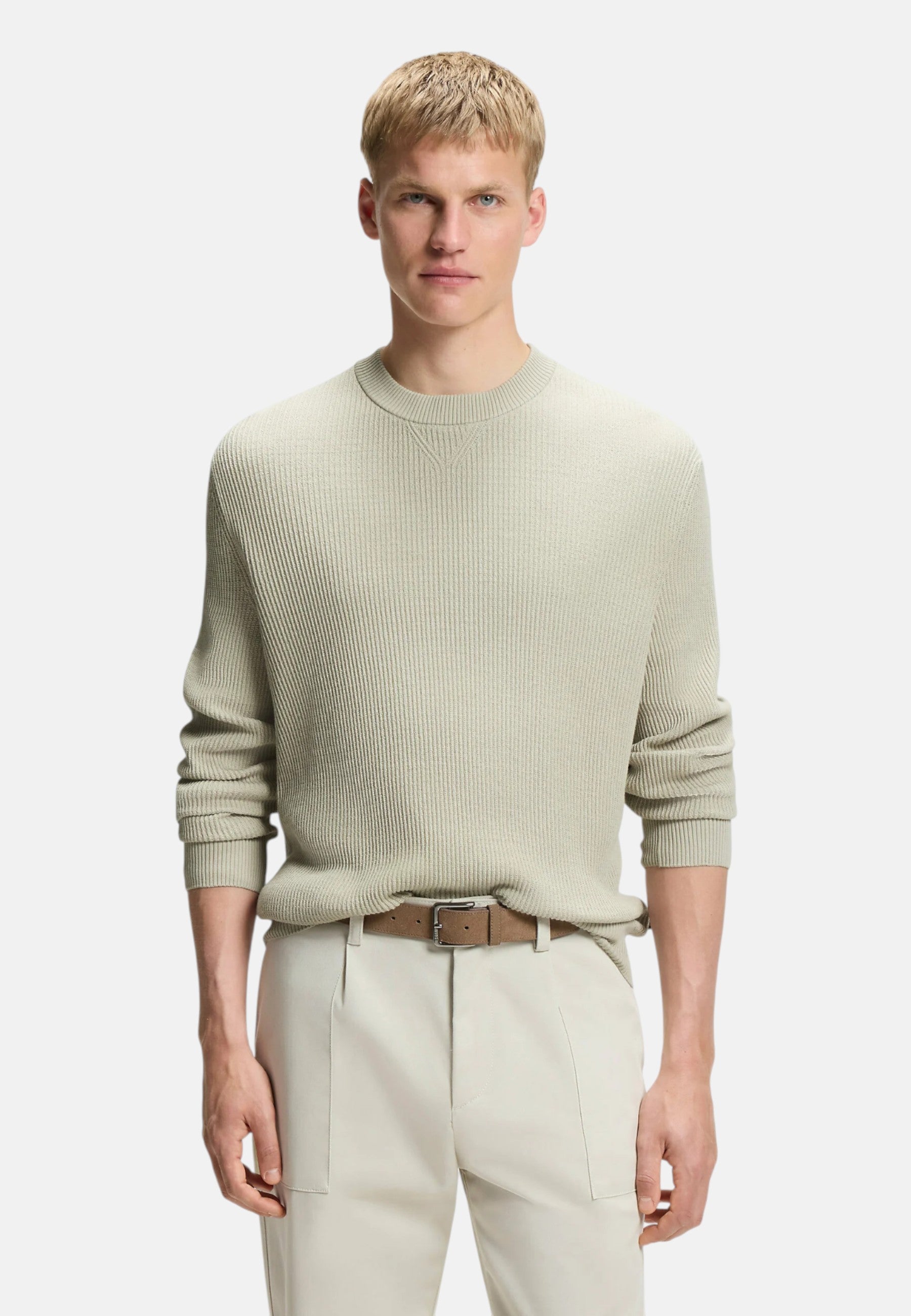 Boss Maglione da Uomo in misto cotone con lavorazione a coste Light Beige