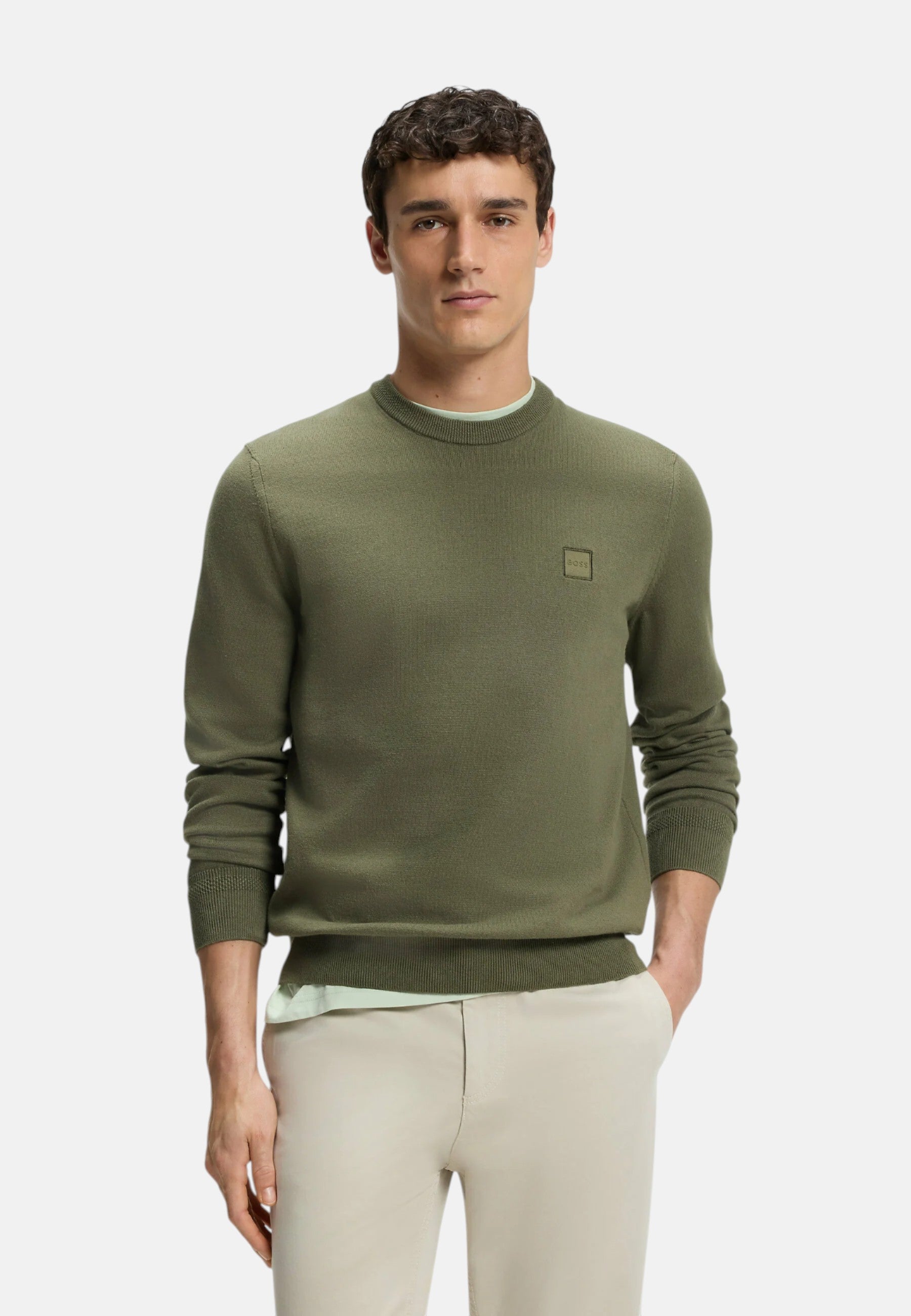 Boss Maglione in misto cotone con patch con logo Bright Green