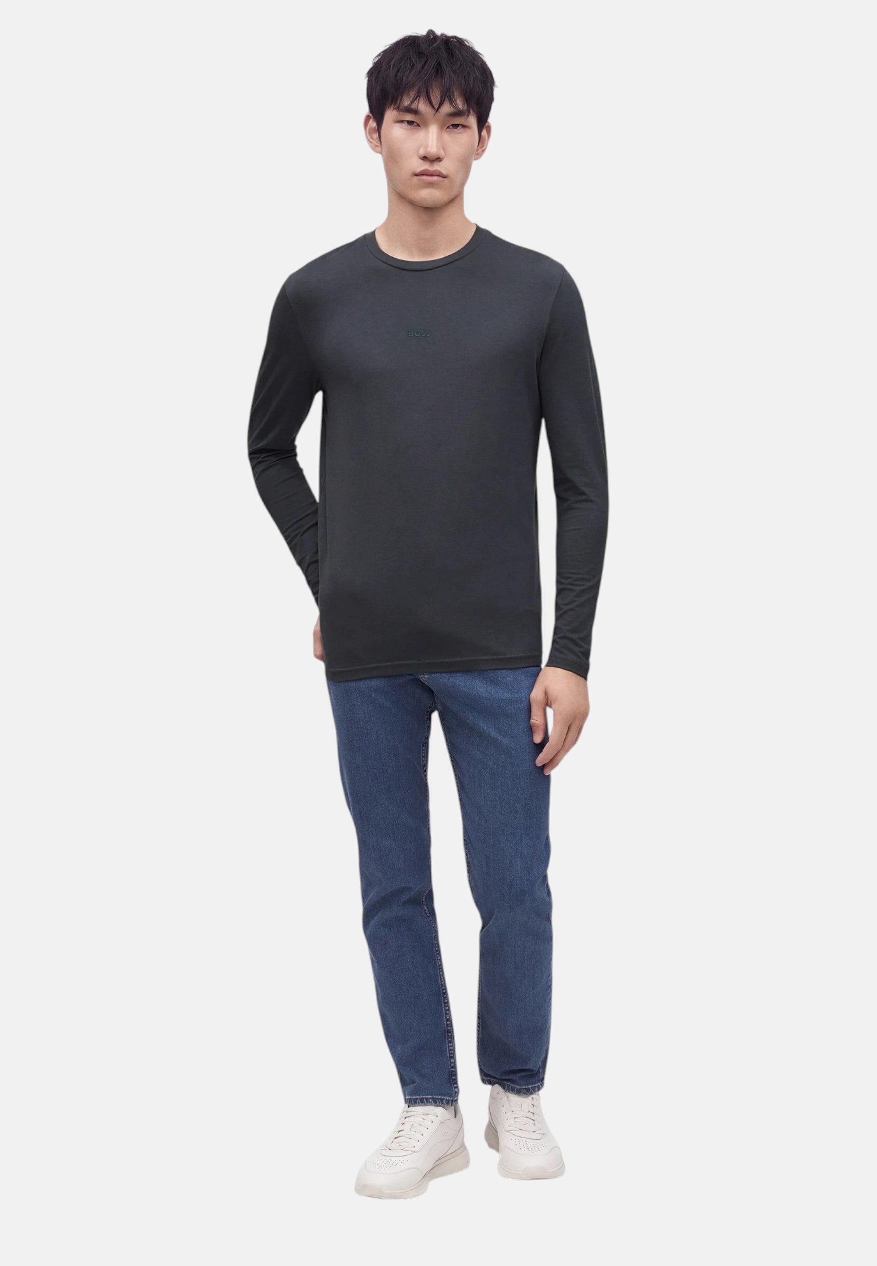 Maglia a maniche lunghe in cotone elasticizzato con logo stampato Dark Blue