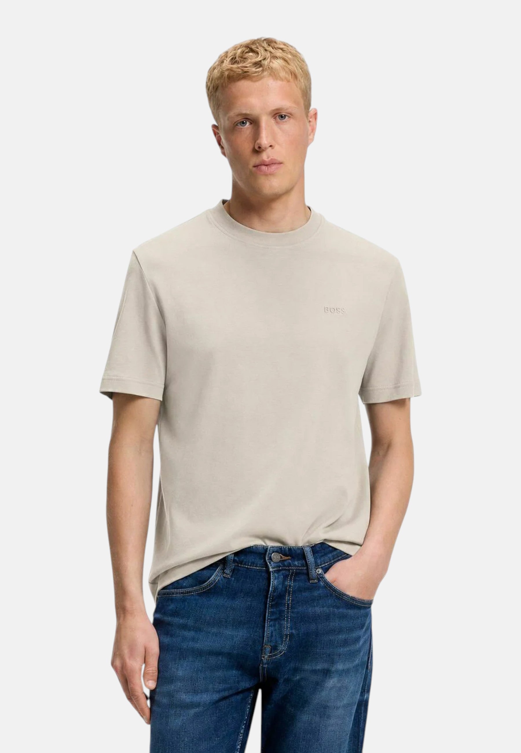 T-shirt in cotone intrecciato con logo ricamato Boss Light Beige