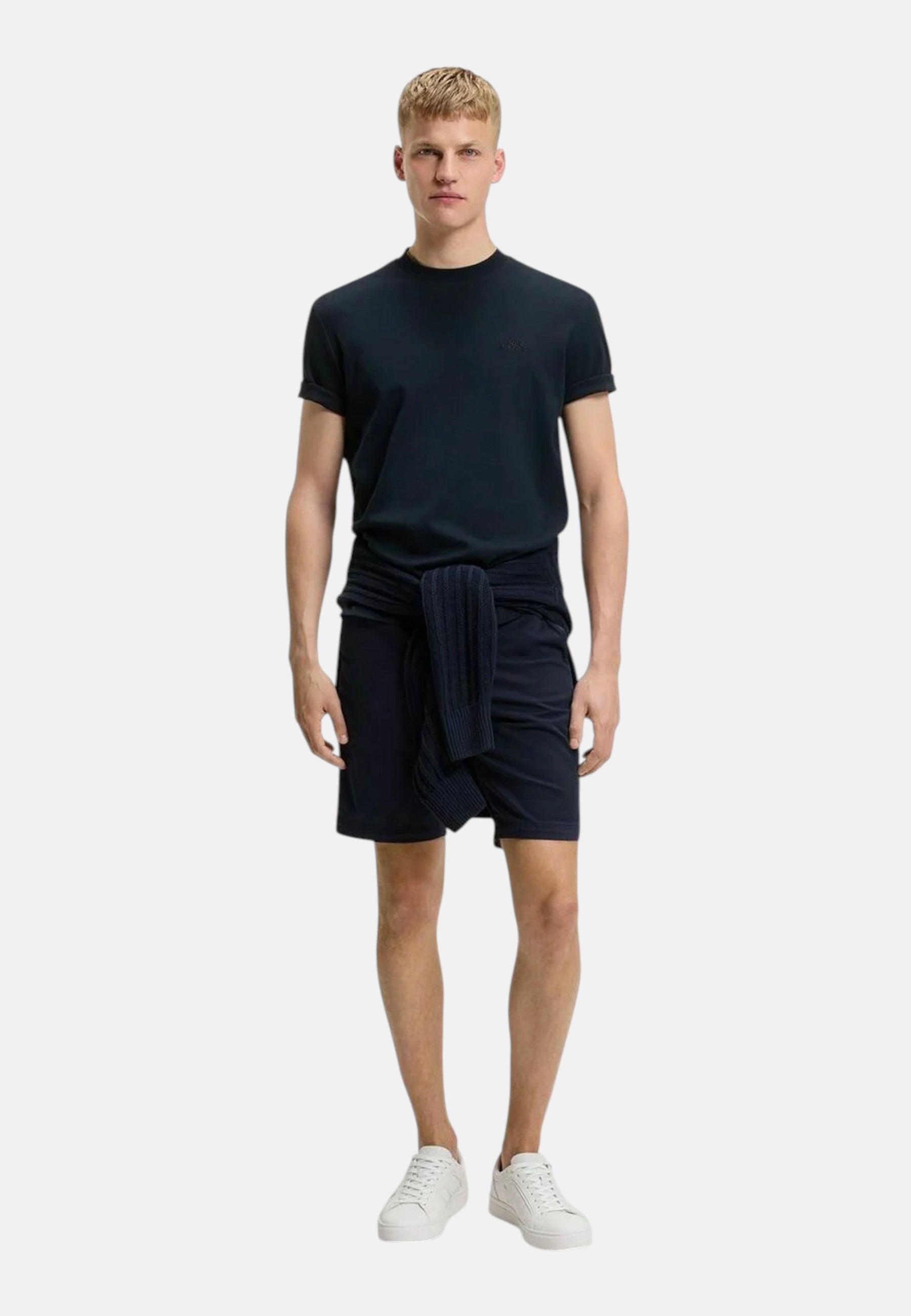 T-shirt in cotone intrecciato con logo ricamato Boss Dark Blue