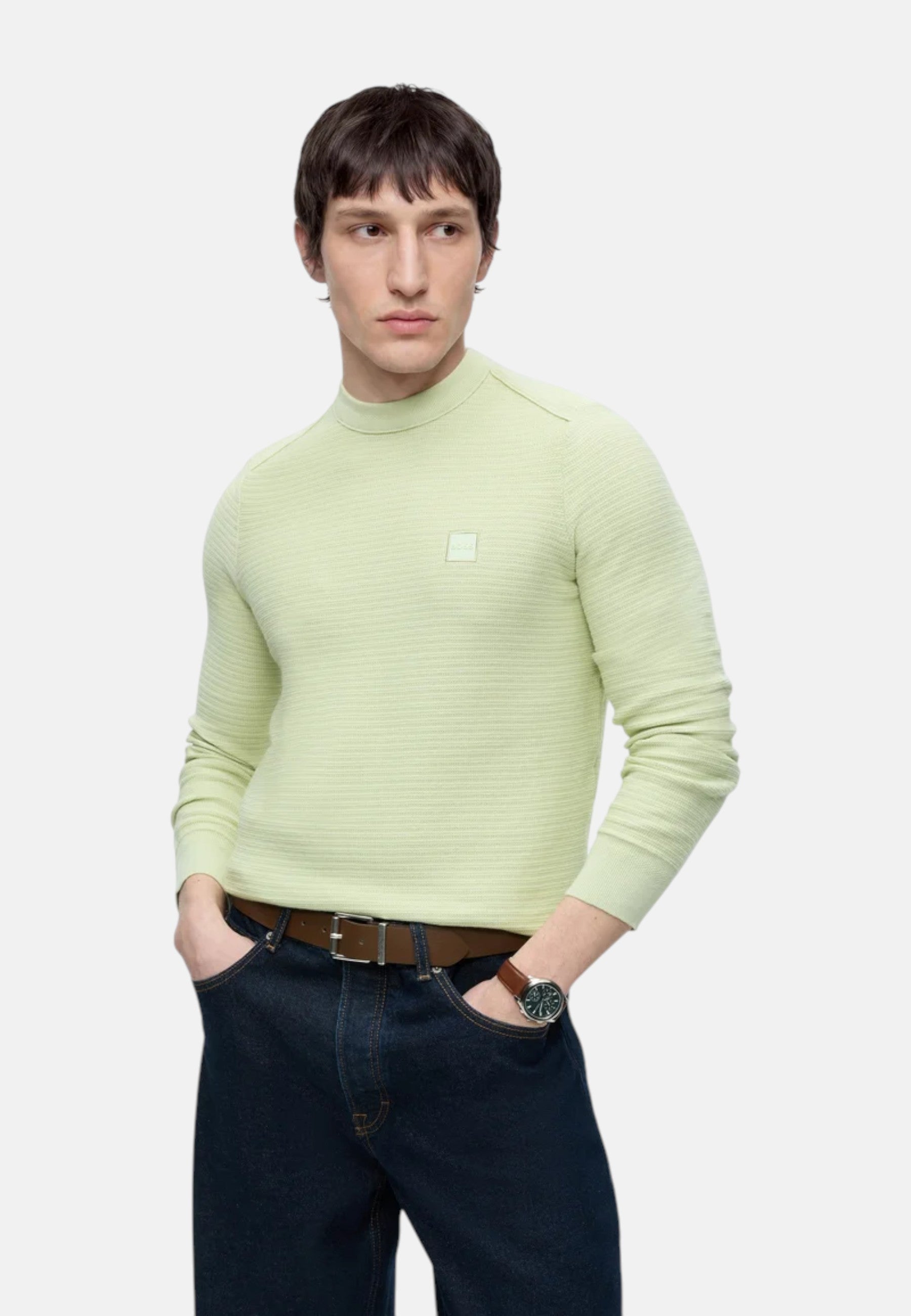Maglione Boss in cotone piqué con patch con logo. Open Green