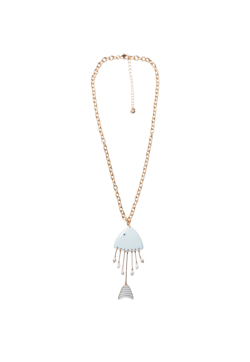 Collana lunga a catena sottile con pendente pesciolino smaltato celeste Oro/azzurro